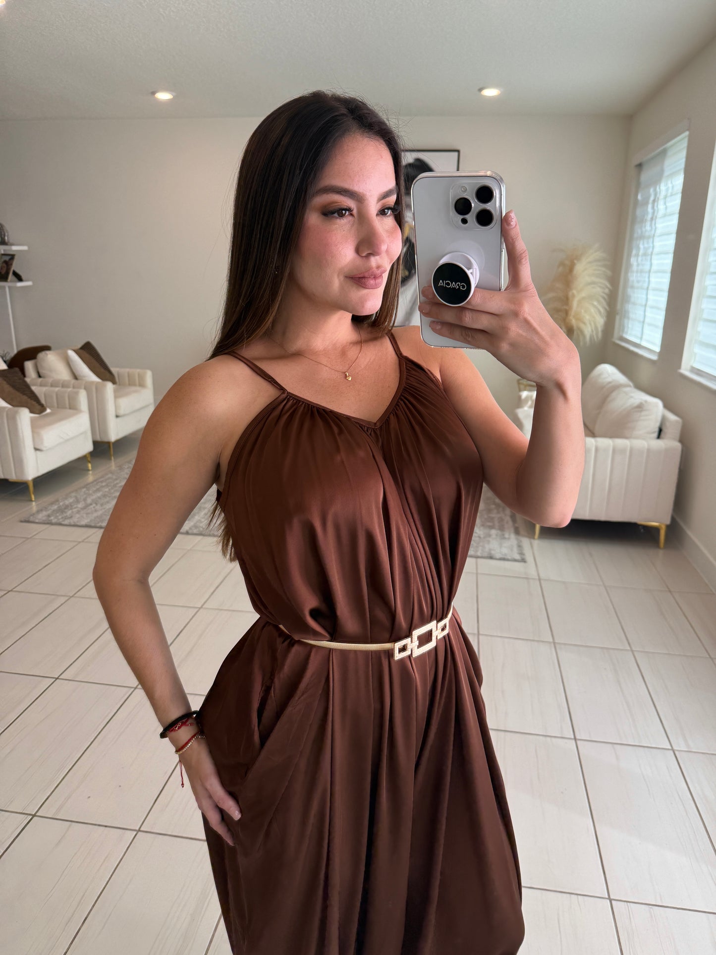 Effortless Essence Ruched Brown Jumpsuit