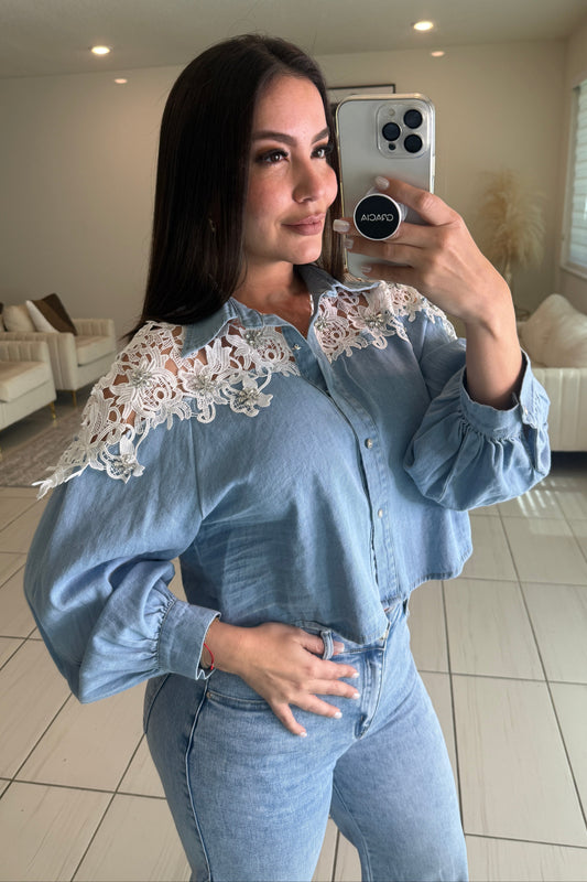 Regal Charm Lace Denim Top
