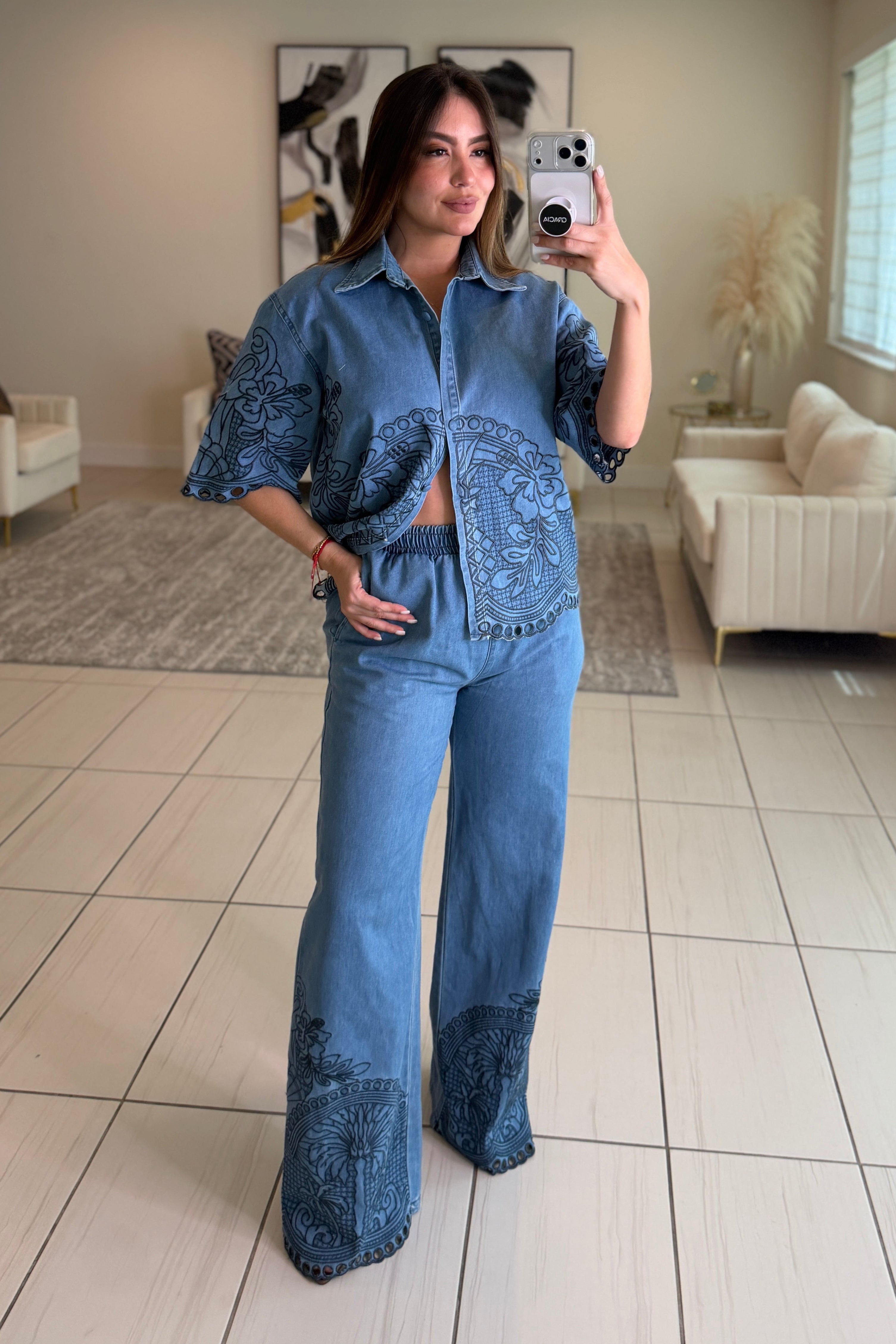 Paradise Embroidered Denim Pant Set