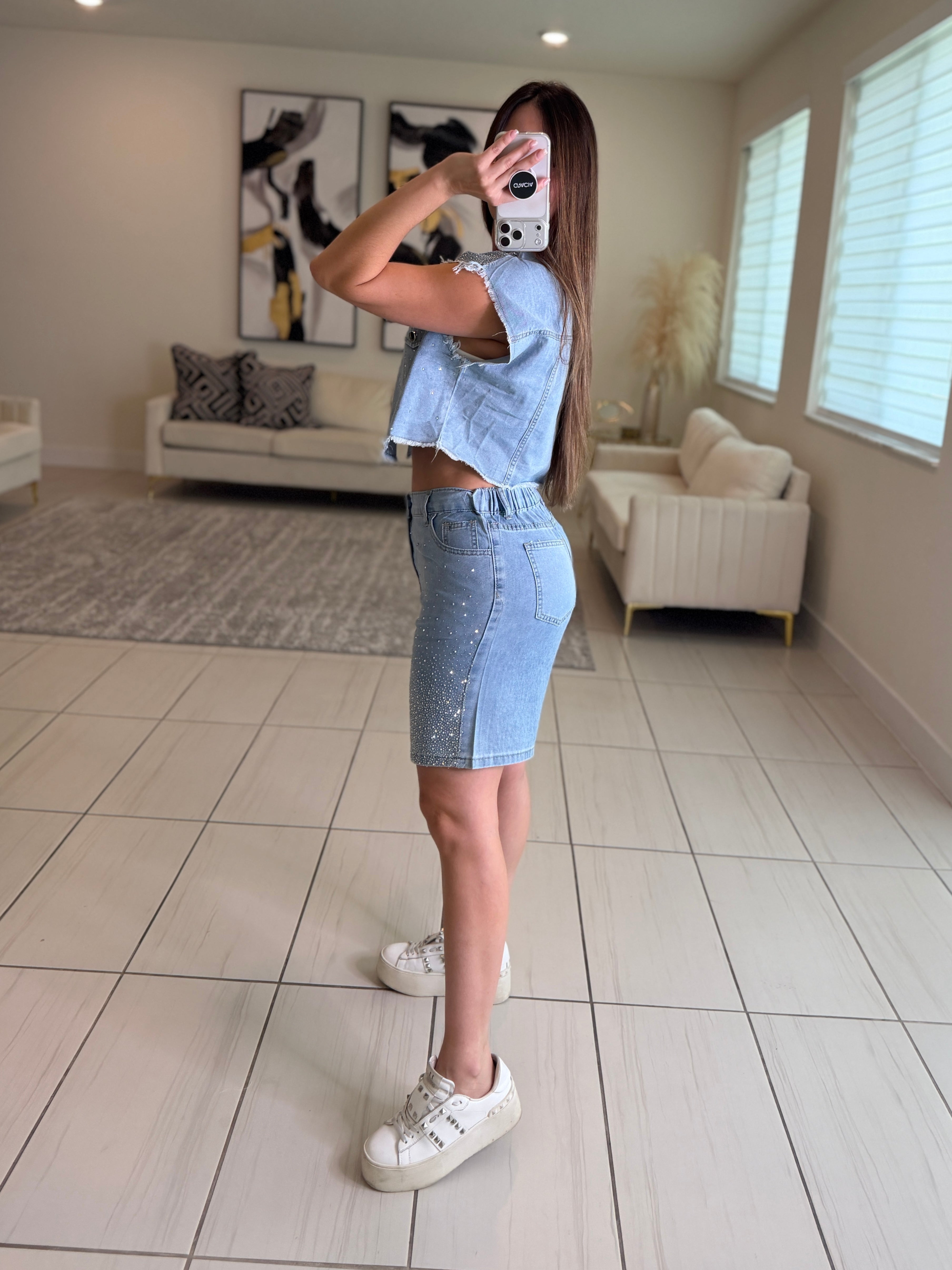 Rhinestones Muse Denim Short Set