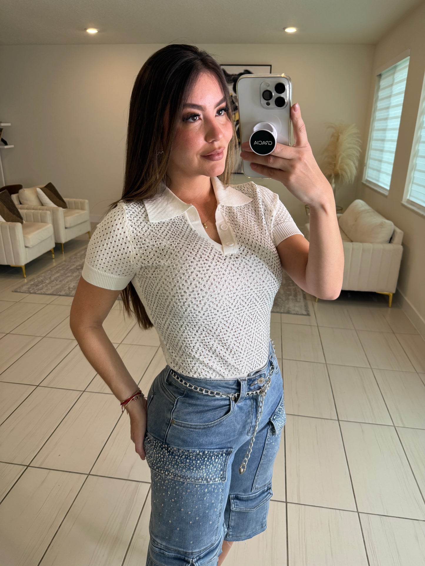 Shine Effect Knit White Top
