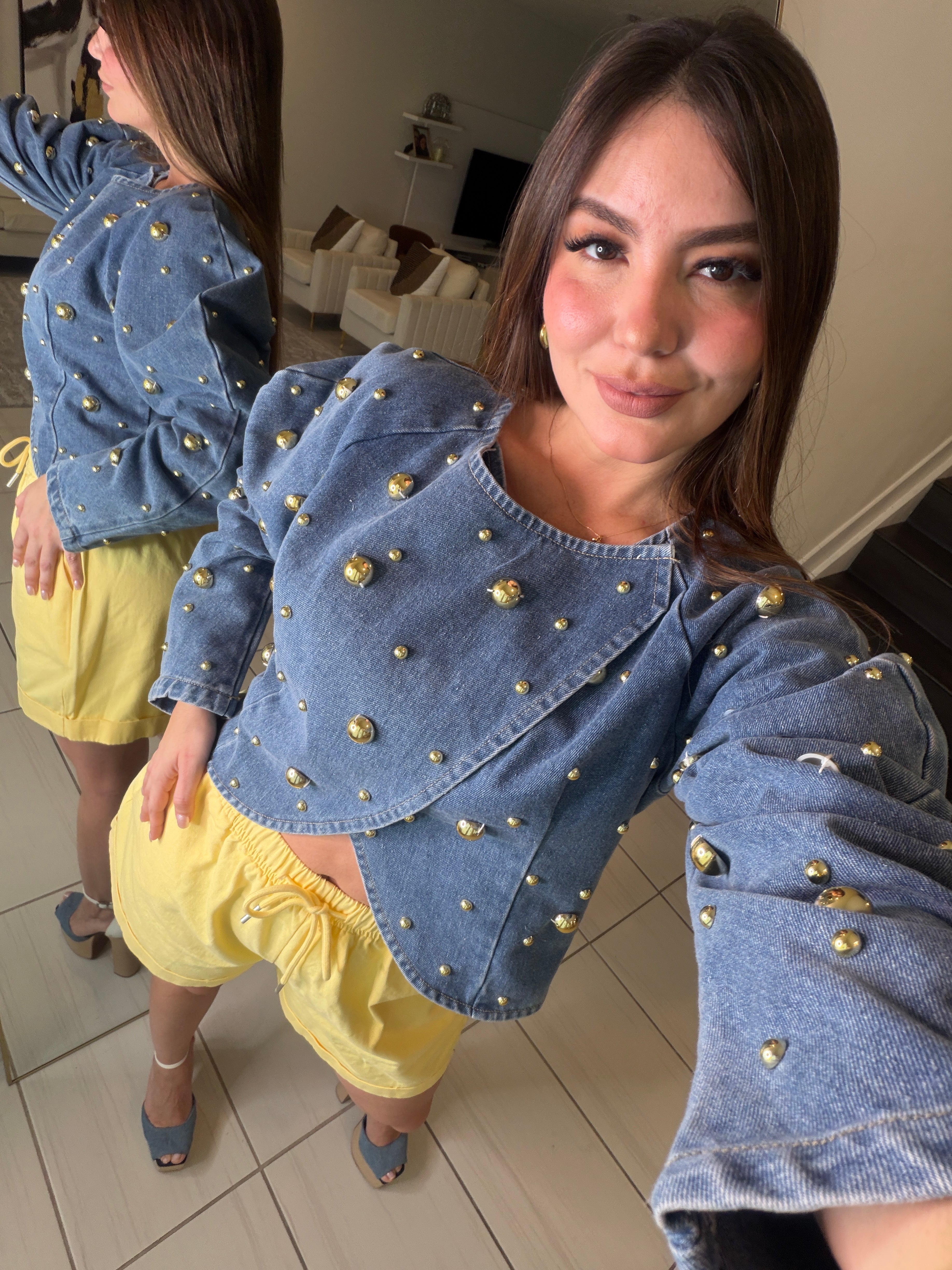 Golden Dots Denim Top