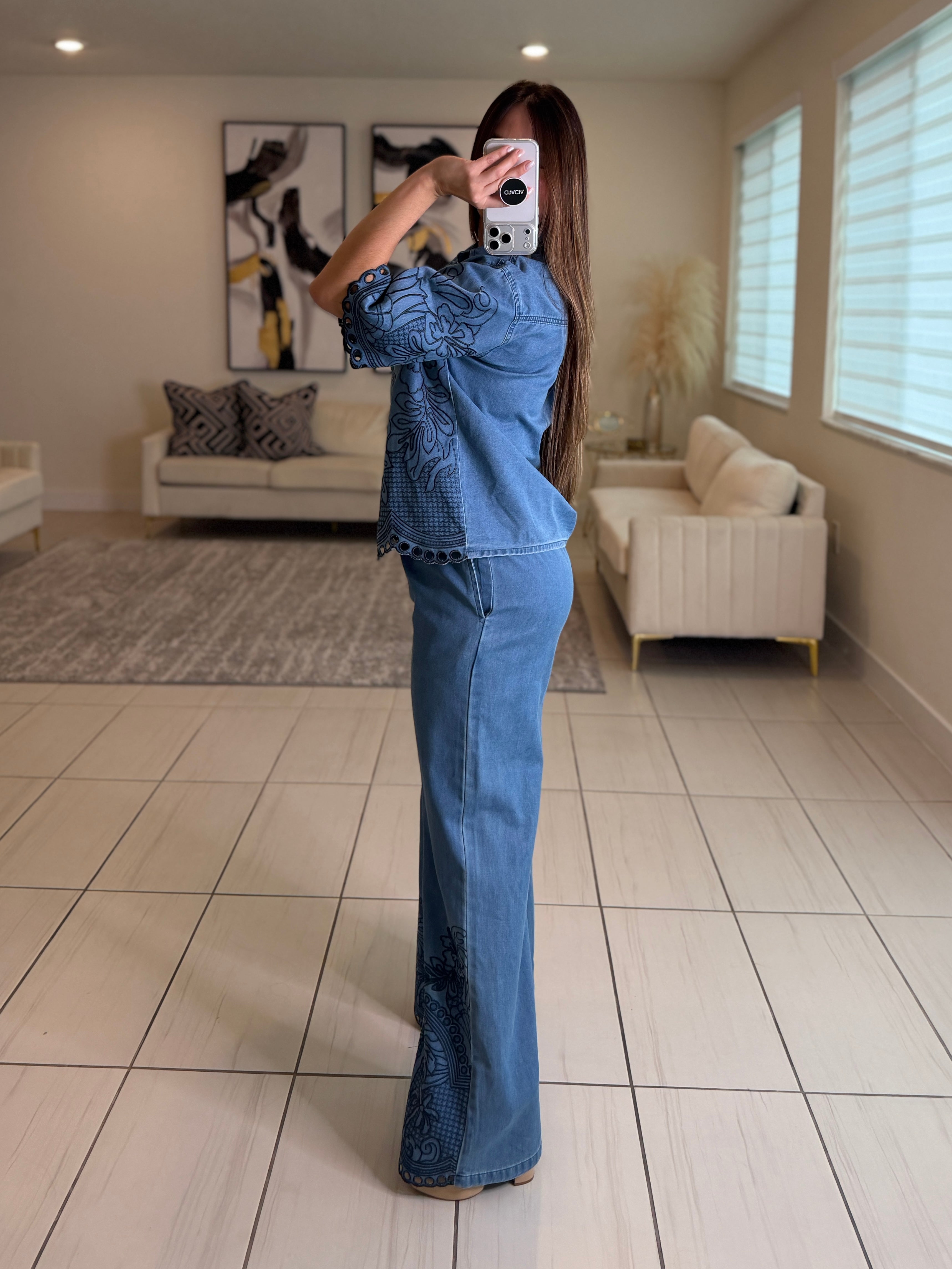 Paradise Embroidered Denim Pant Set