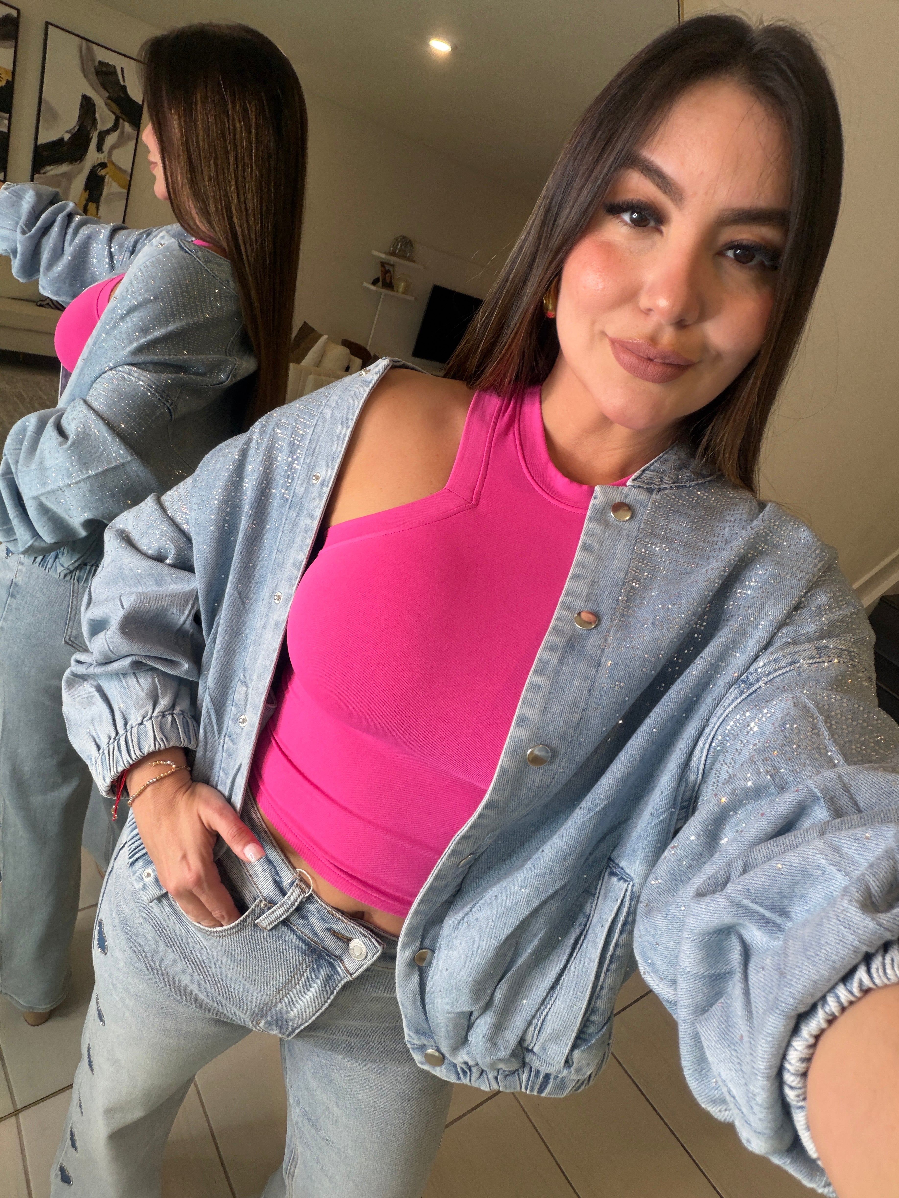 Cozy Rhinestones Denim Bomber Jacket