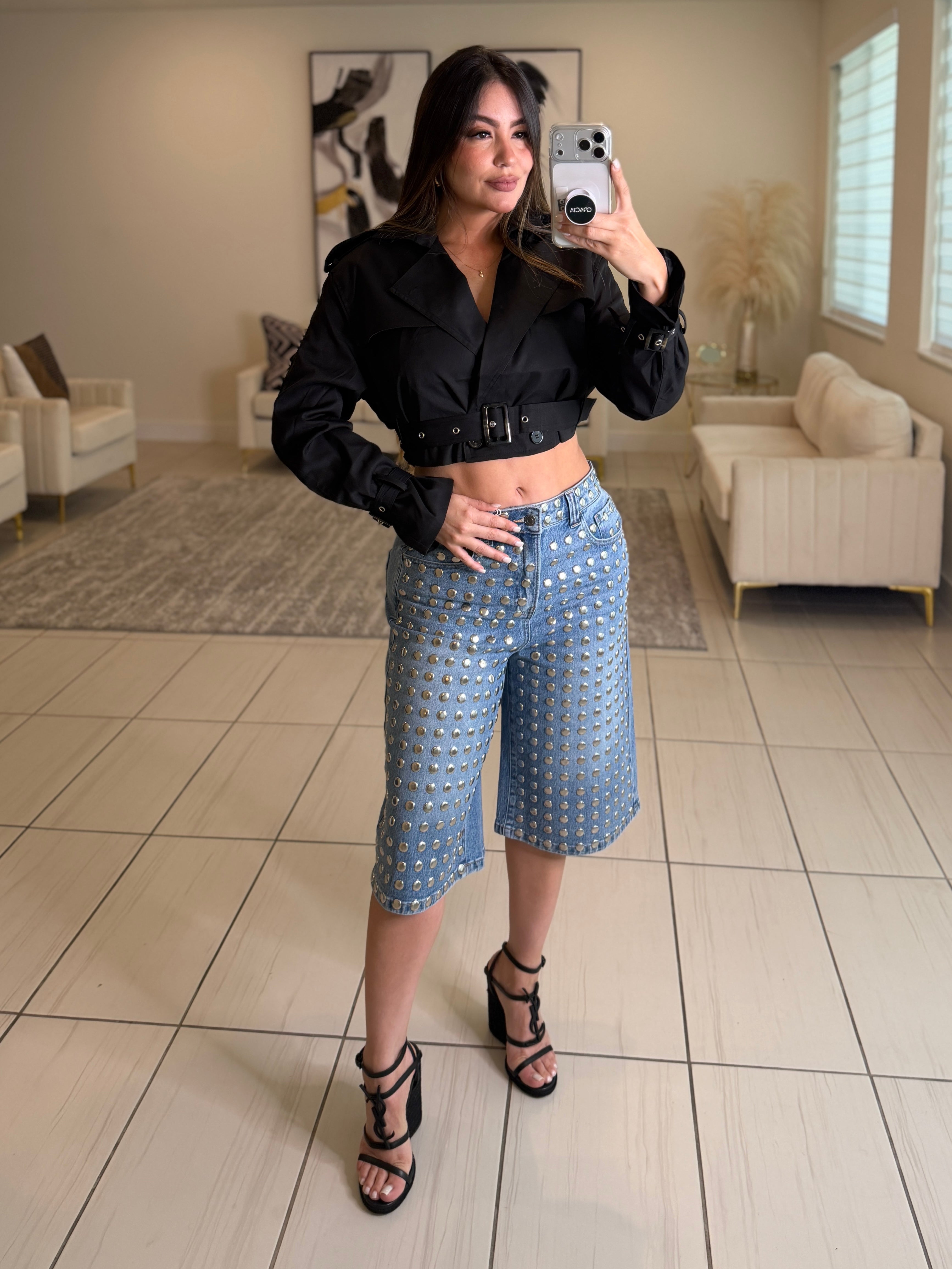 Studded Denim Bermuda