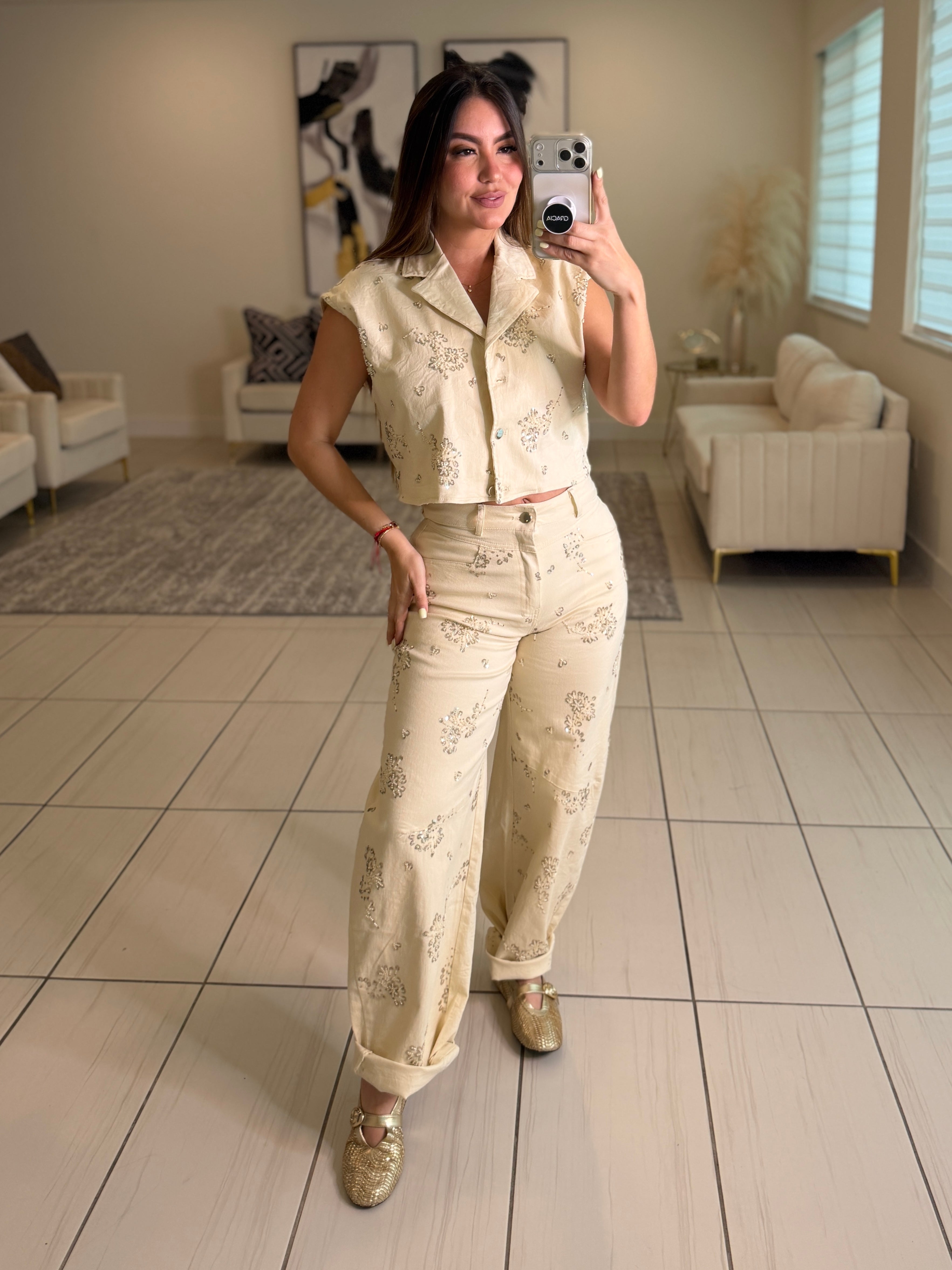 Blossom Sequin Beige Pant Set