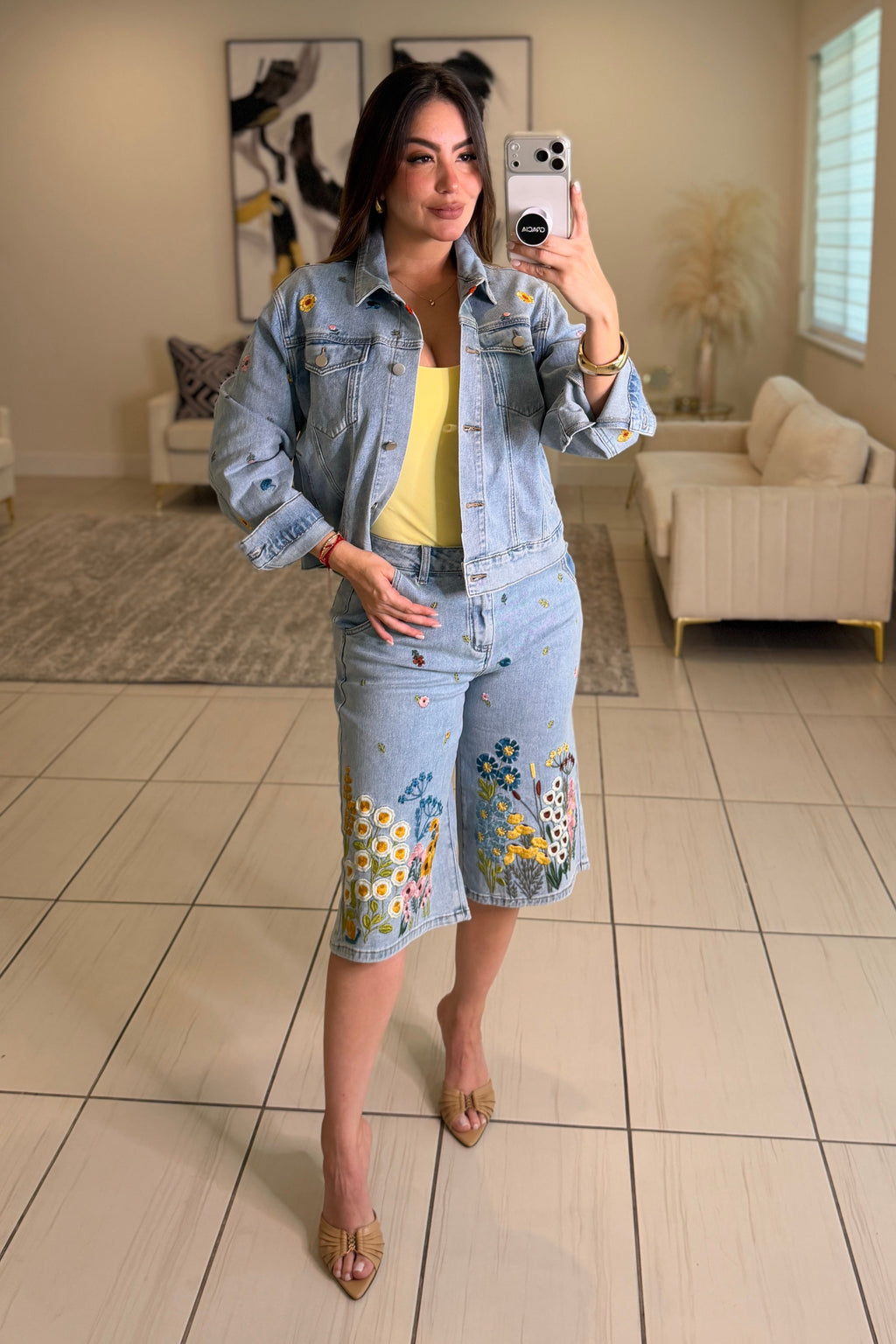 Bloom Embroidered Denim Shorts Set