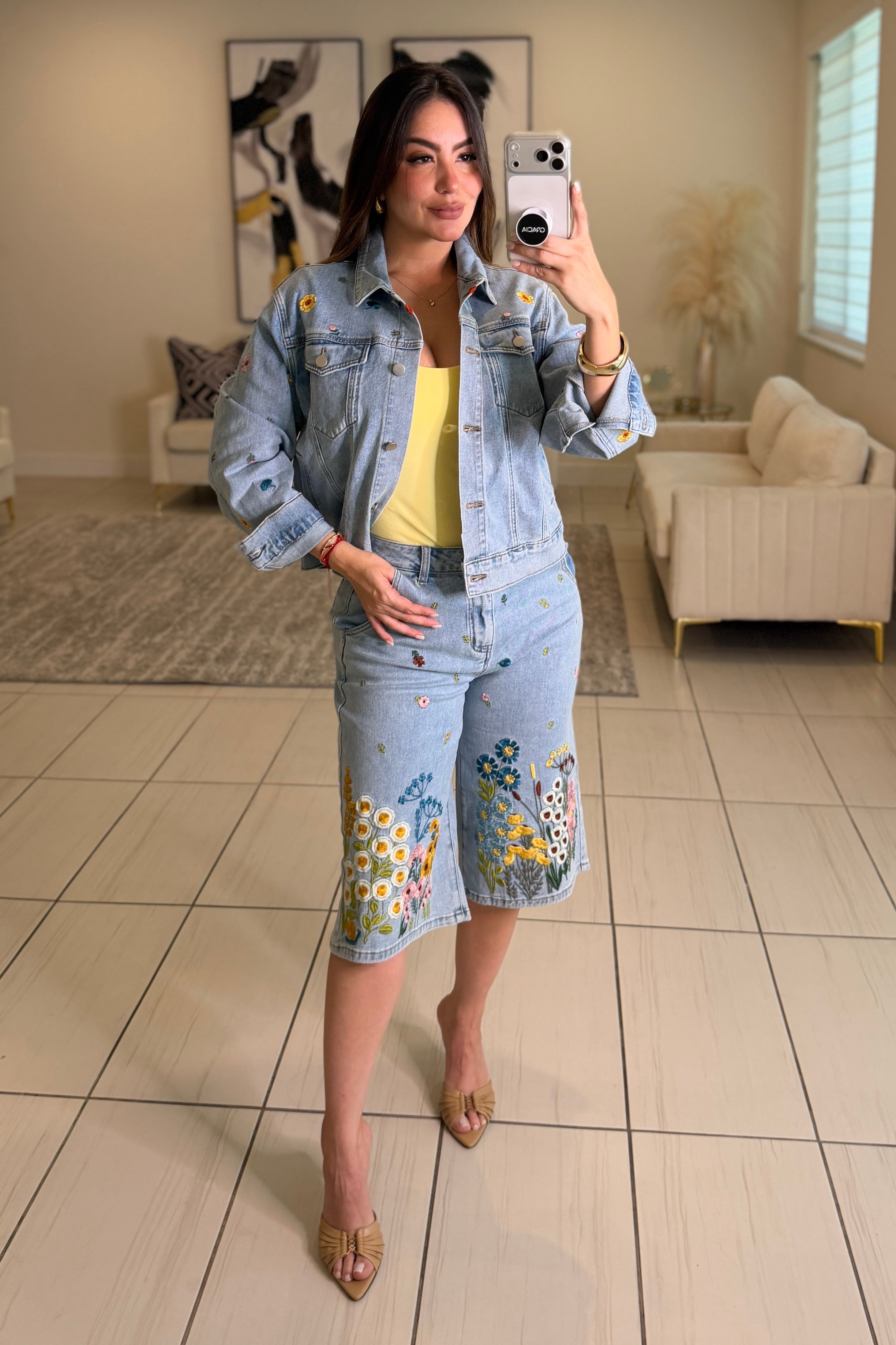 Bloom Embroidered Denim Shorts Set