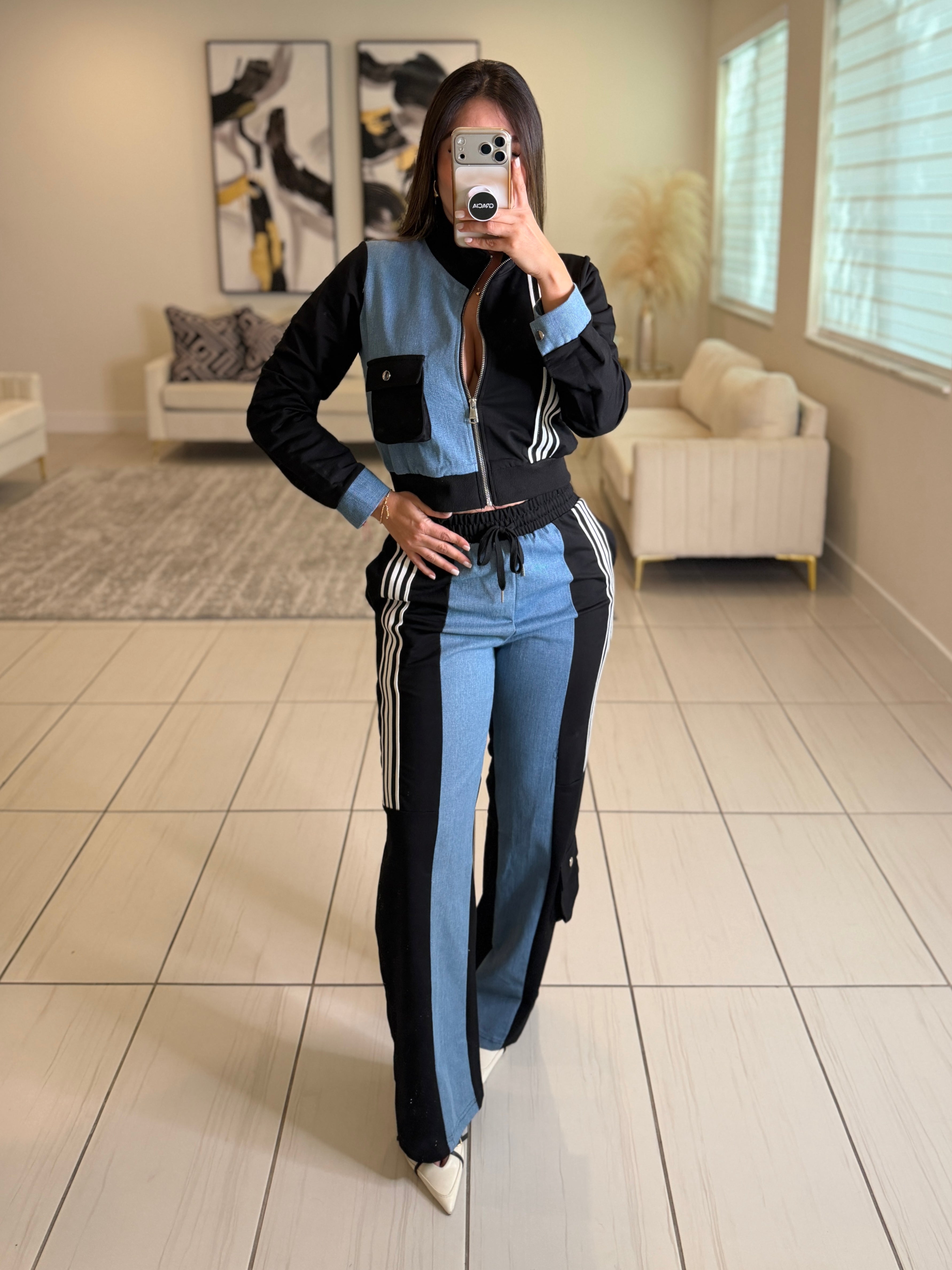 Divine Black and Denim Contrast Pant Set