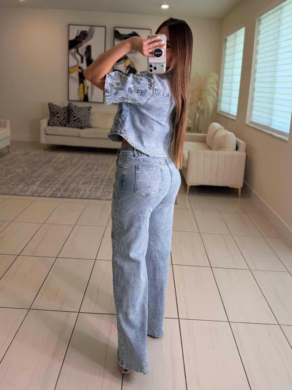 Blossom Sequin Denim Pant Set