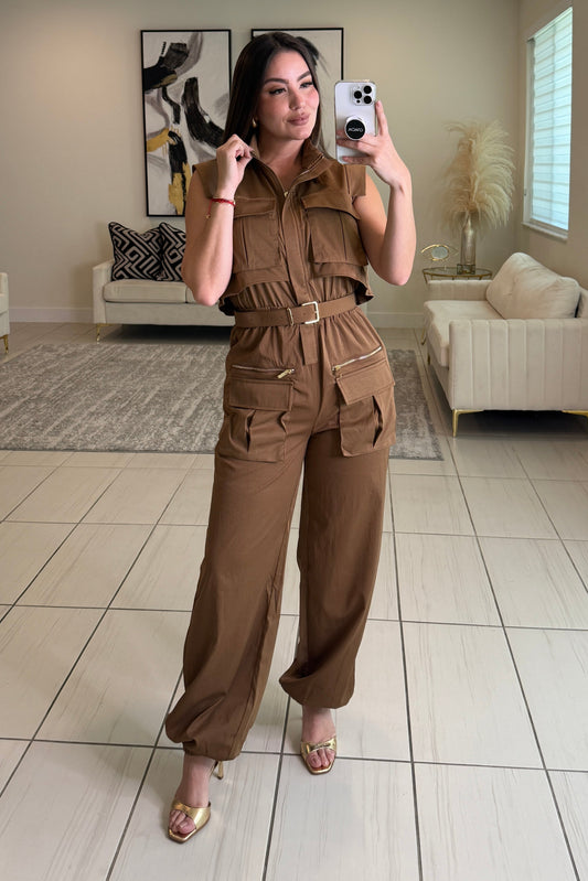 Forgive The Night Ruched Brown Jumpsuit