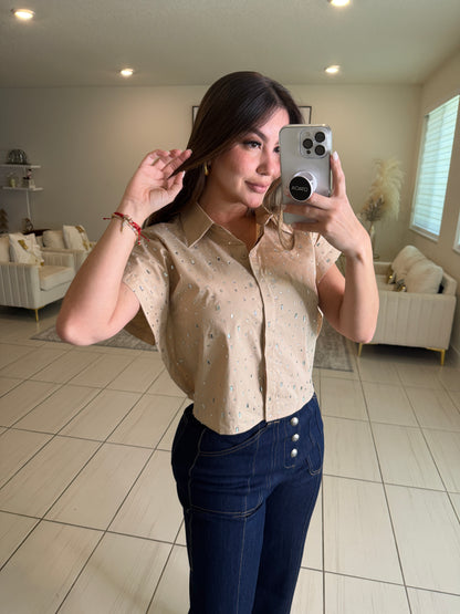 Frame Rhinestone Beige Top