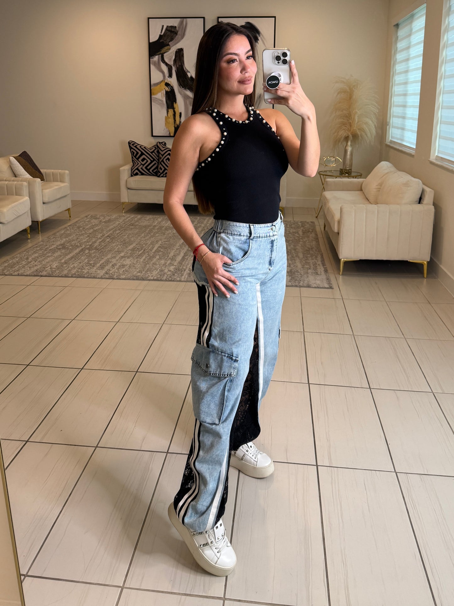 Glam Lace Black Denim Pants