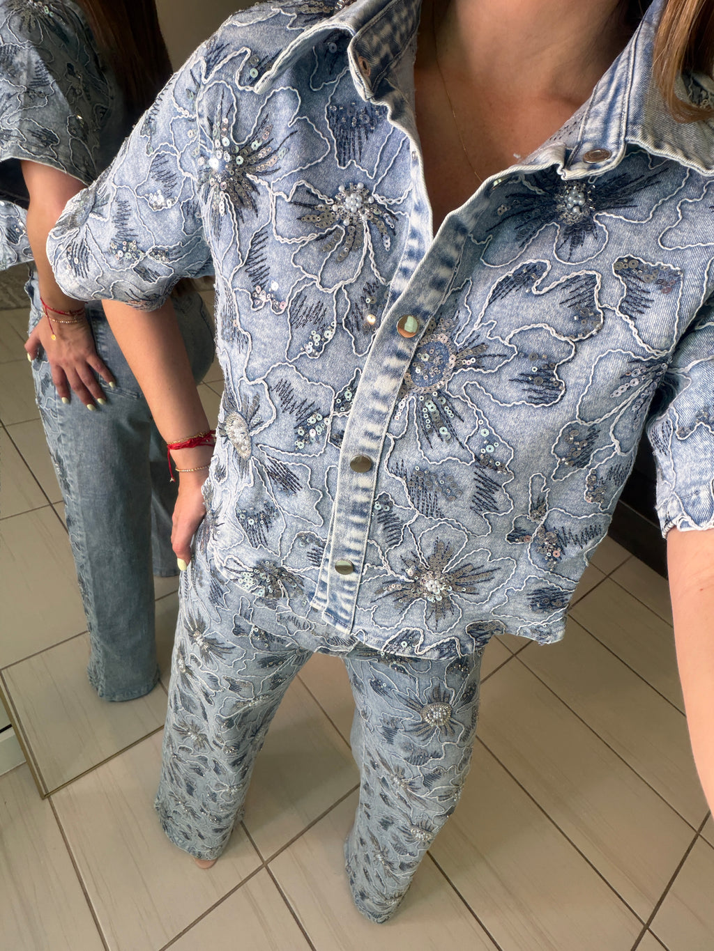 Blossom Sequin Denim Pant Set