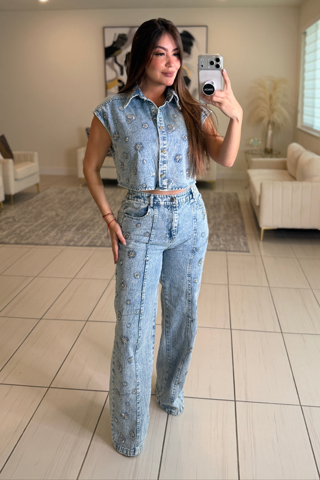 Perfect Silver Sequin Denim Pant Set