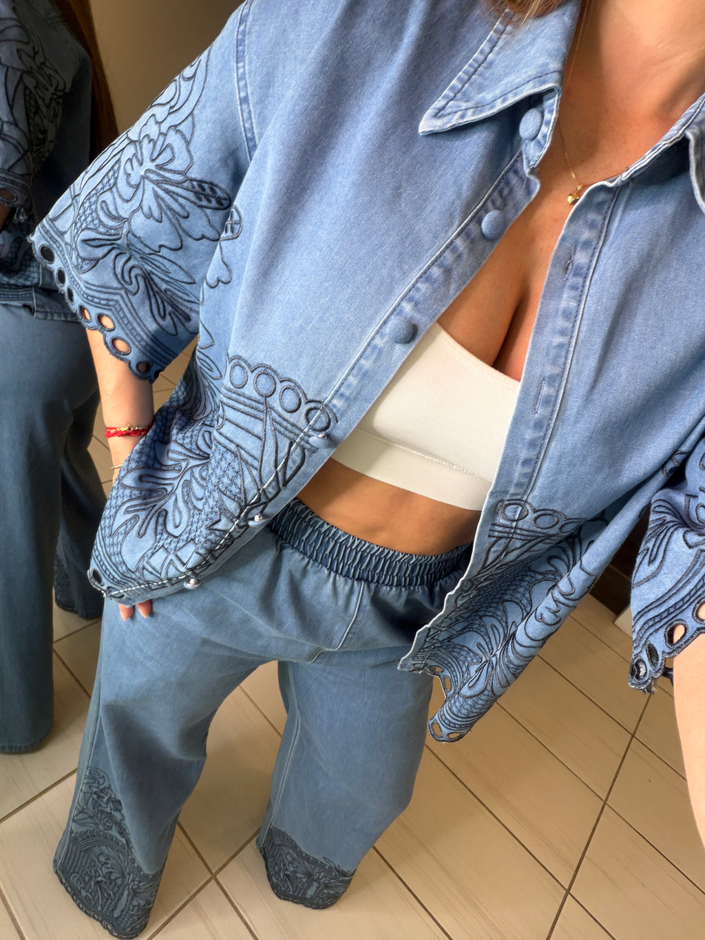 Paradise Embroidered Denim Pant Set