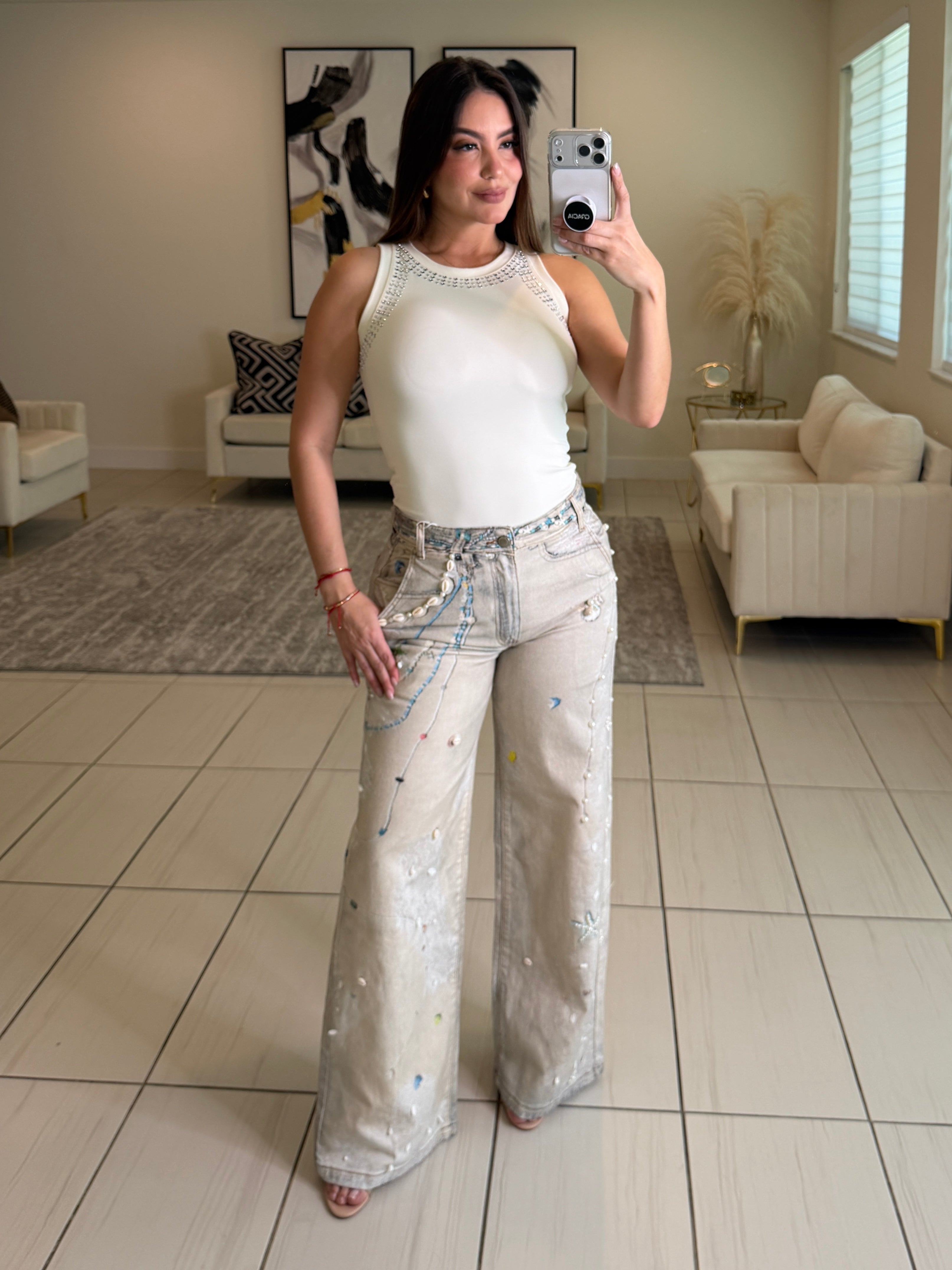 Glam Seashells Beige Denim Pants
