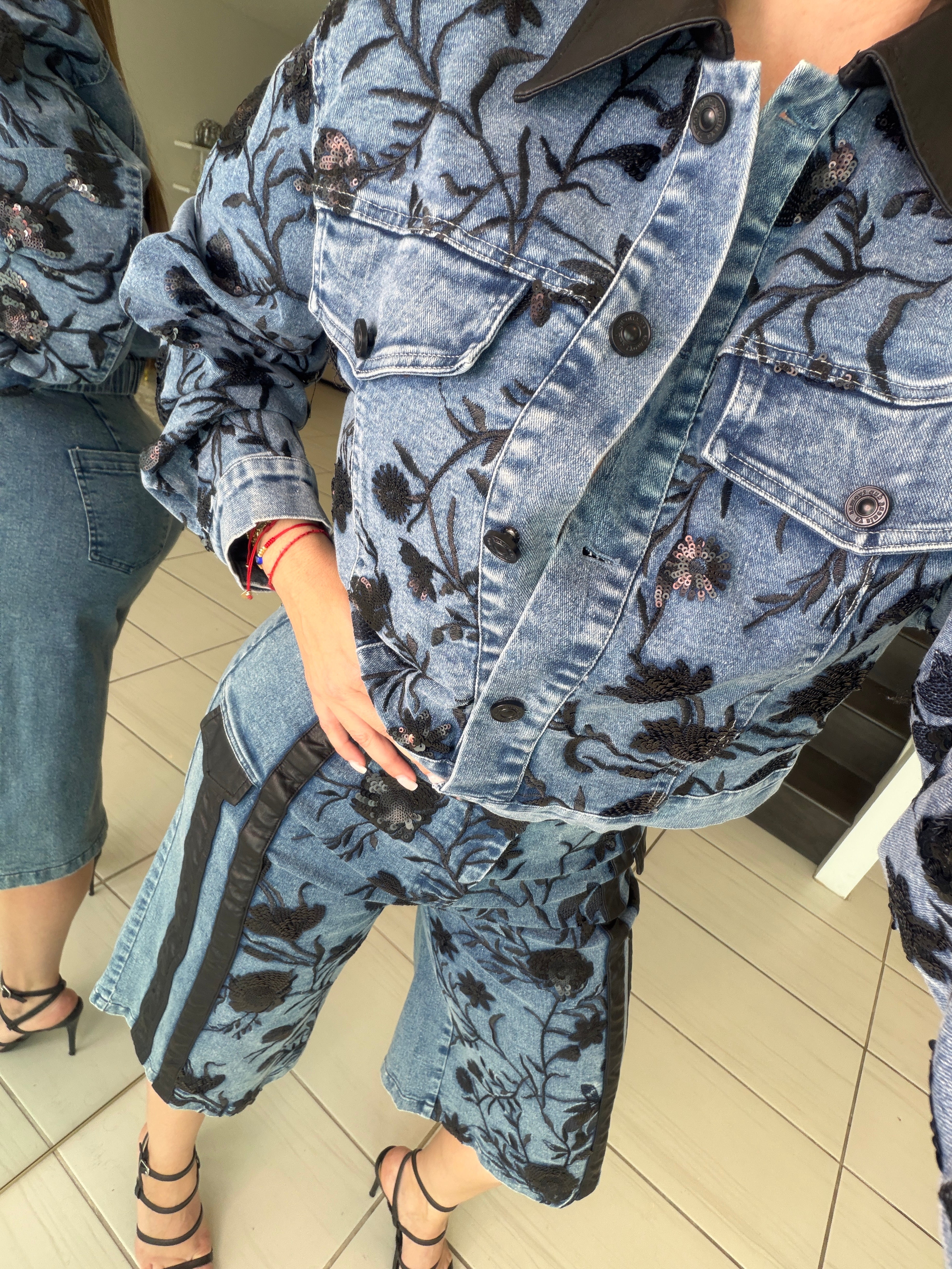 Midnight Bloom Denim Shorts Set