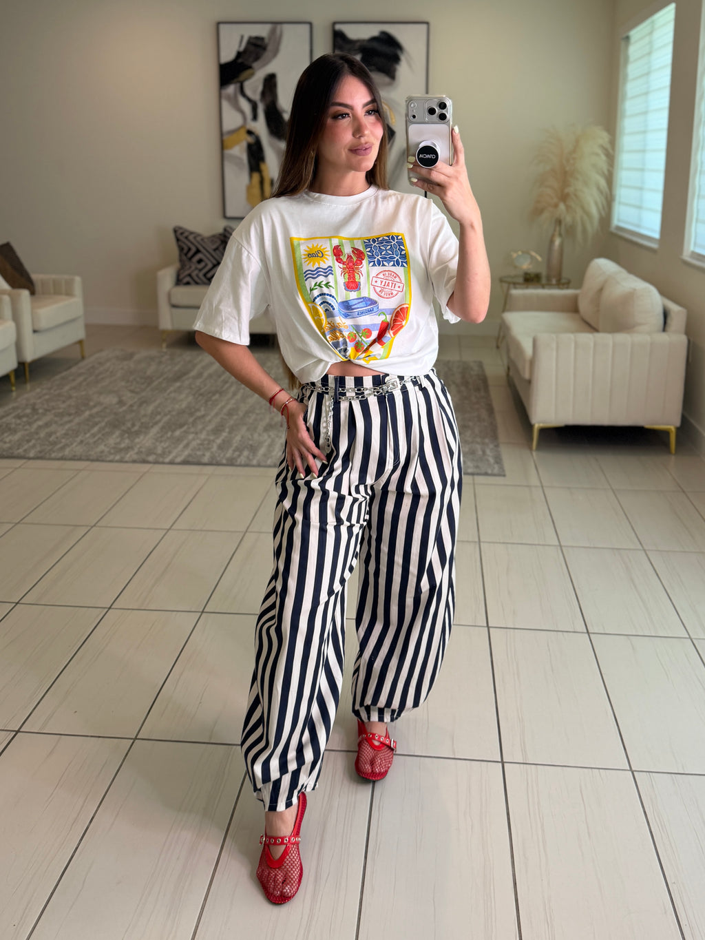 Italian Stripes Navy Blue Barrel Pants