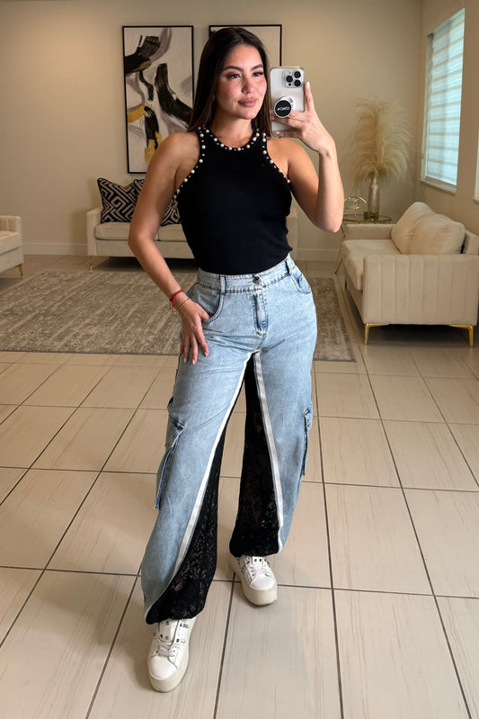 Glam Lace Black Denim Pants