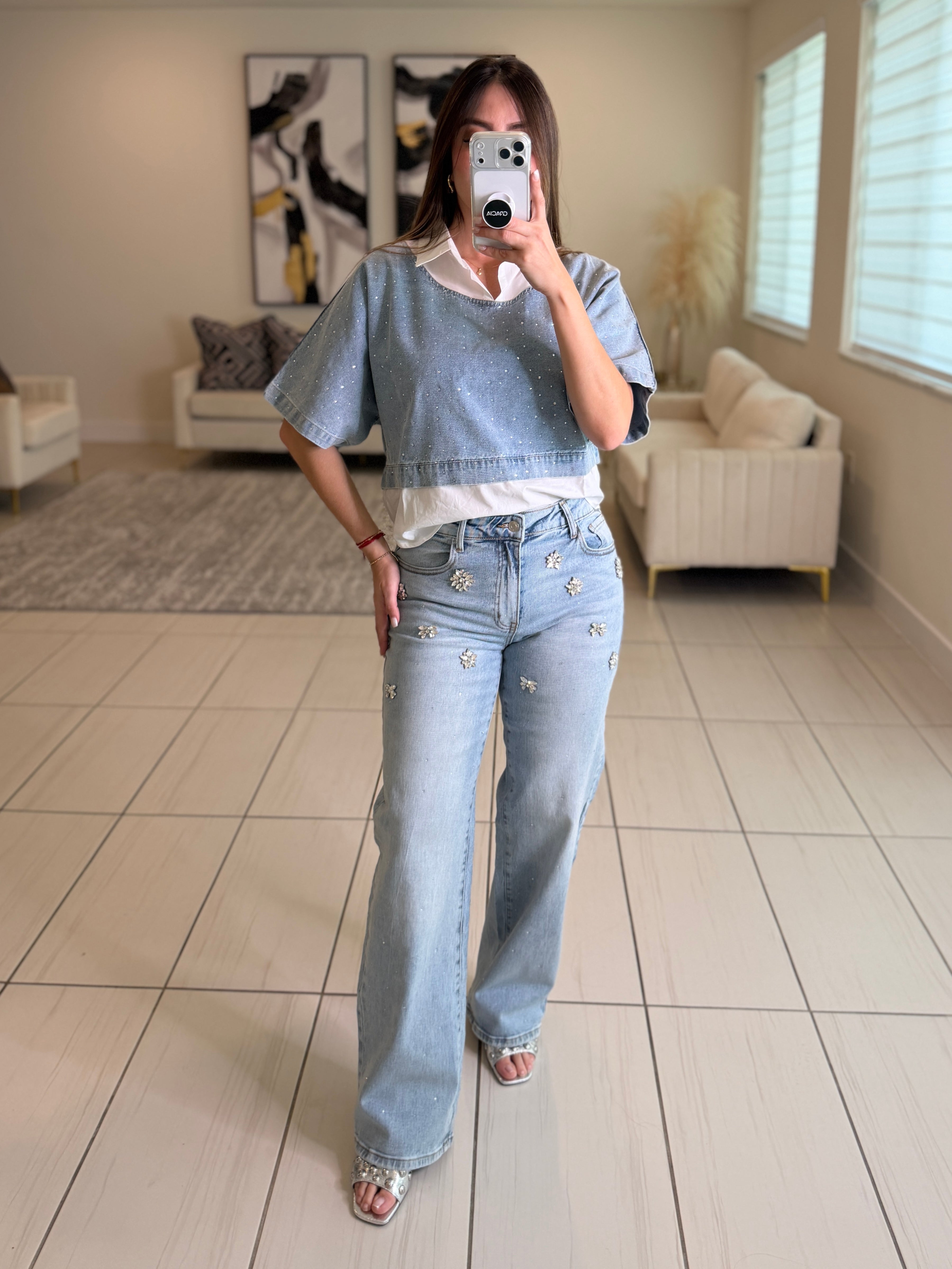 Sparkling Stones Flowers Denim Pants