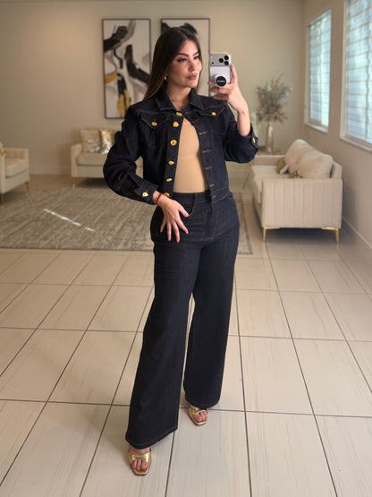 Luxe Gold Button Denim Pant Set