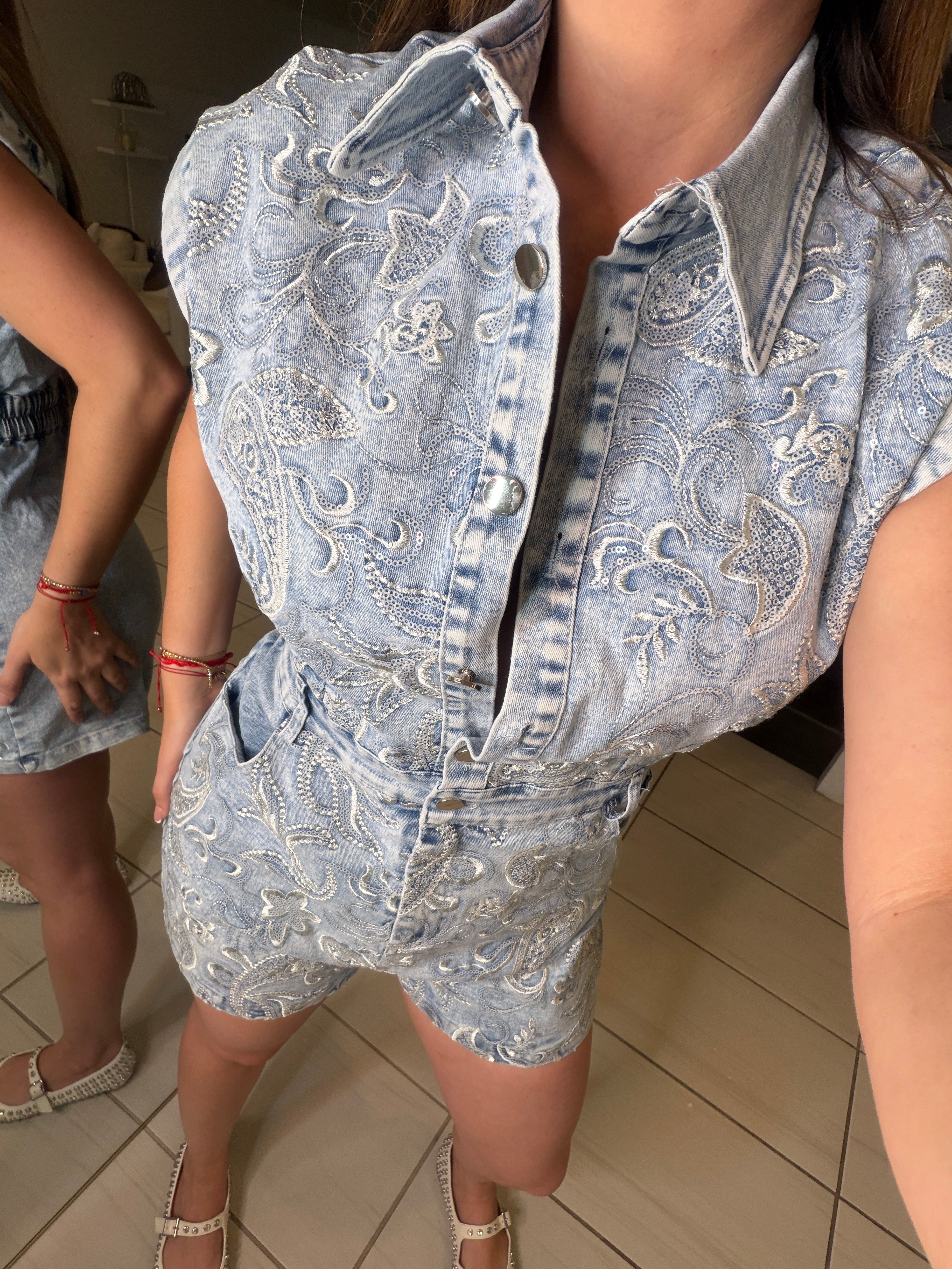 Sequin Embroidery Denim Romper