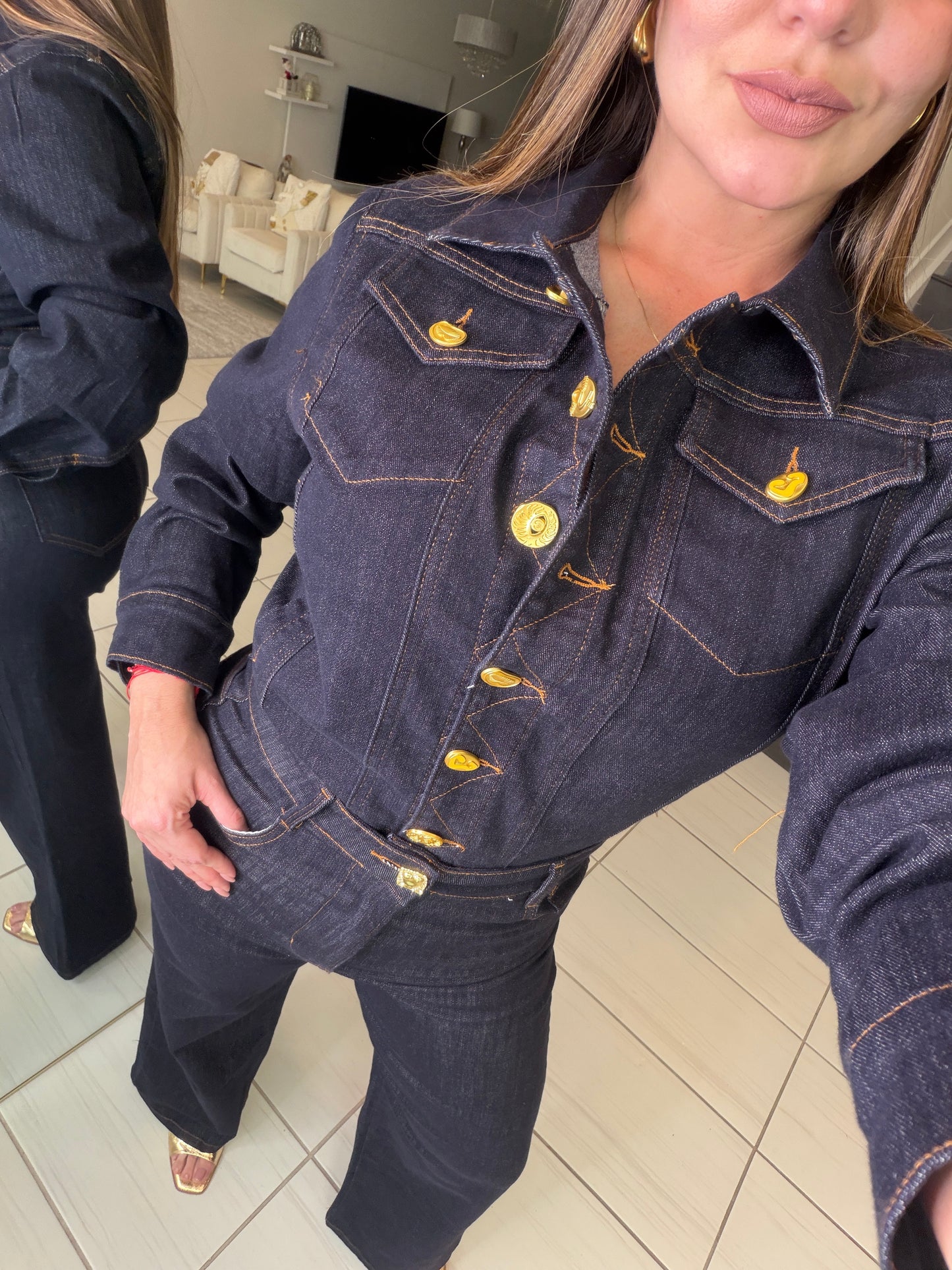 Luxe Gold Button Denim Pant Set