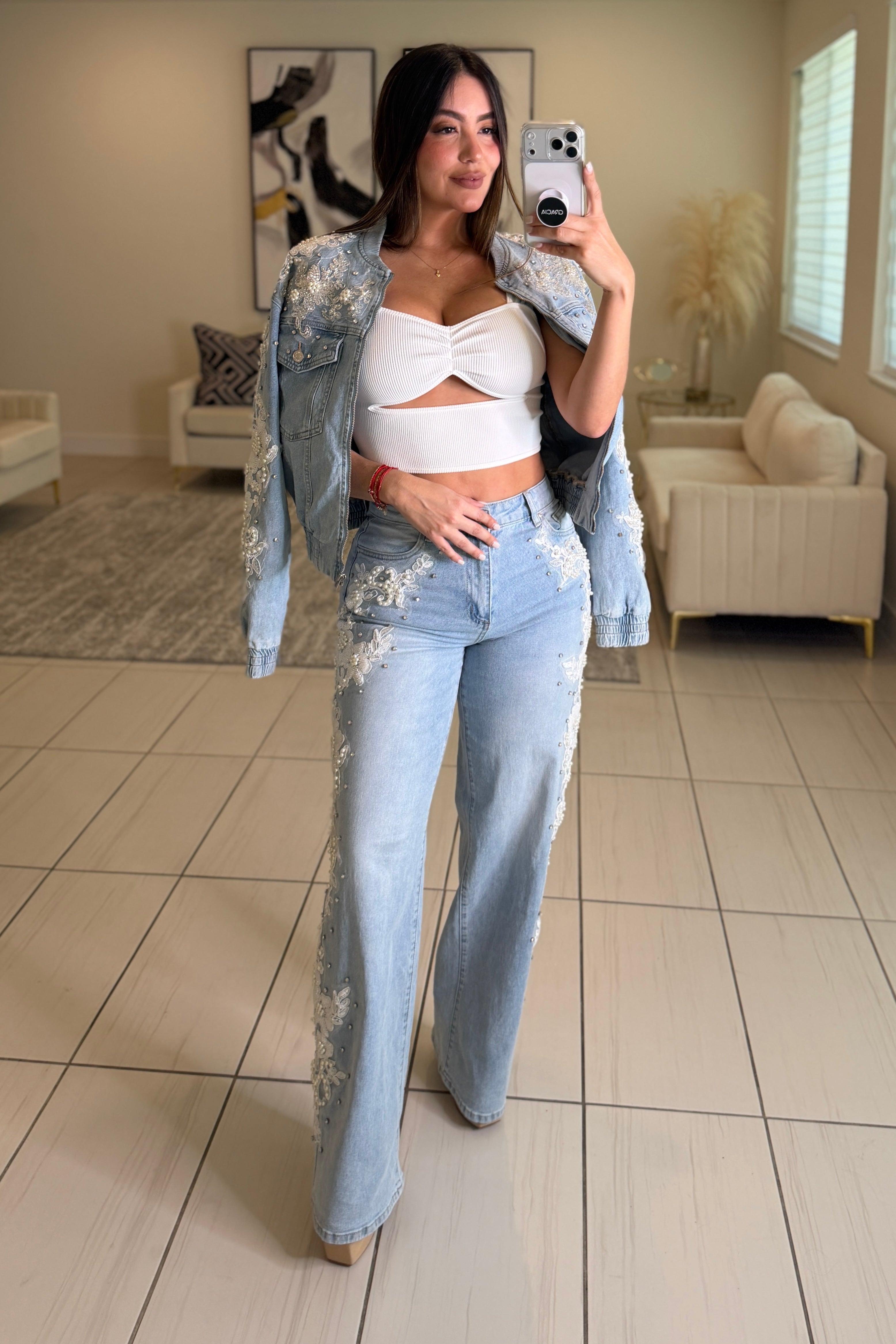 City Of Pearls Denim Pant Set