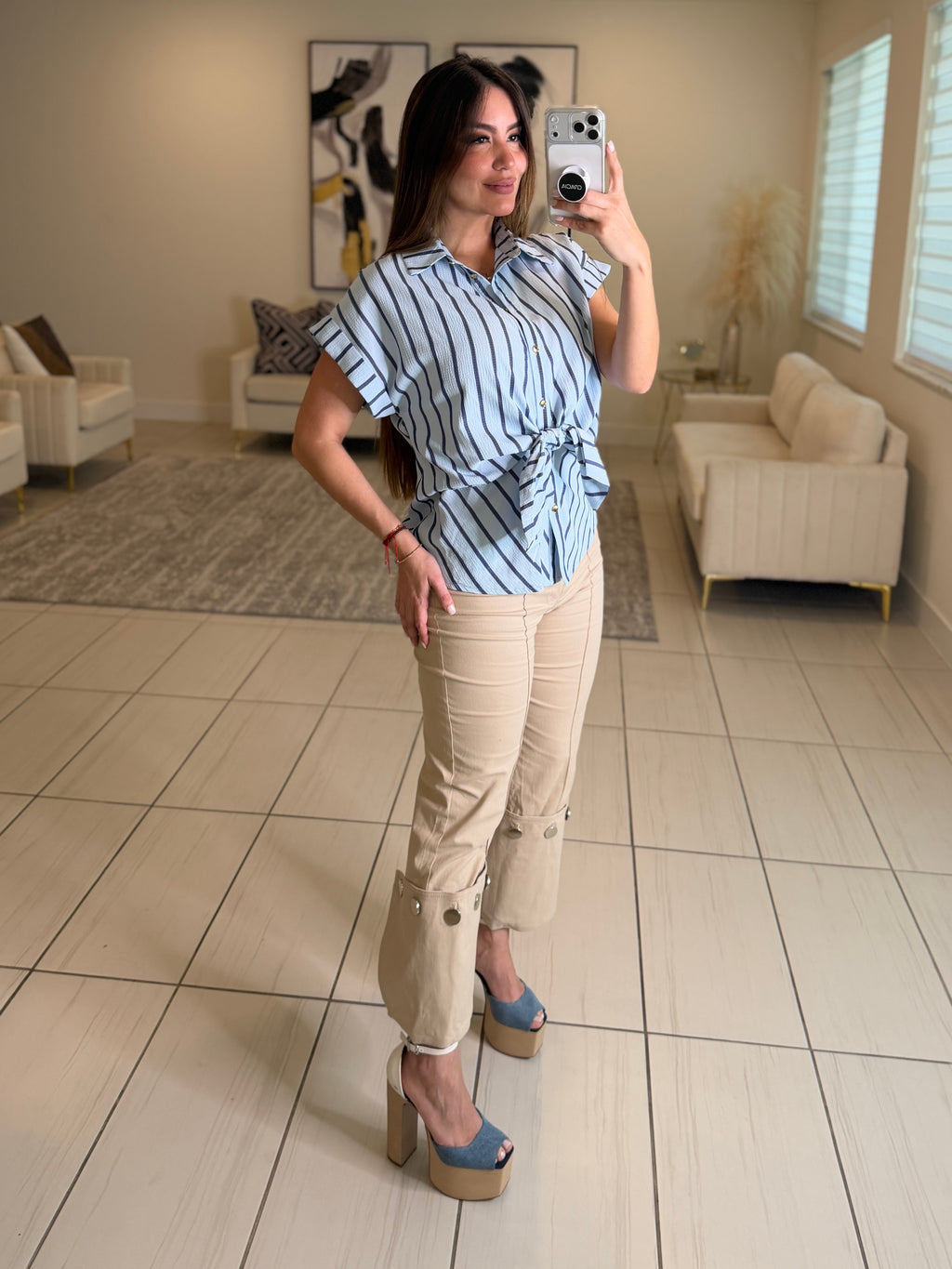 Stunning Silver Buttons Beige Pants