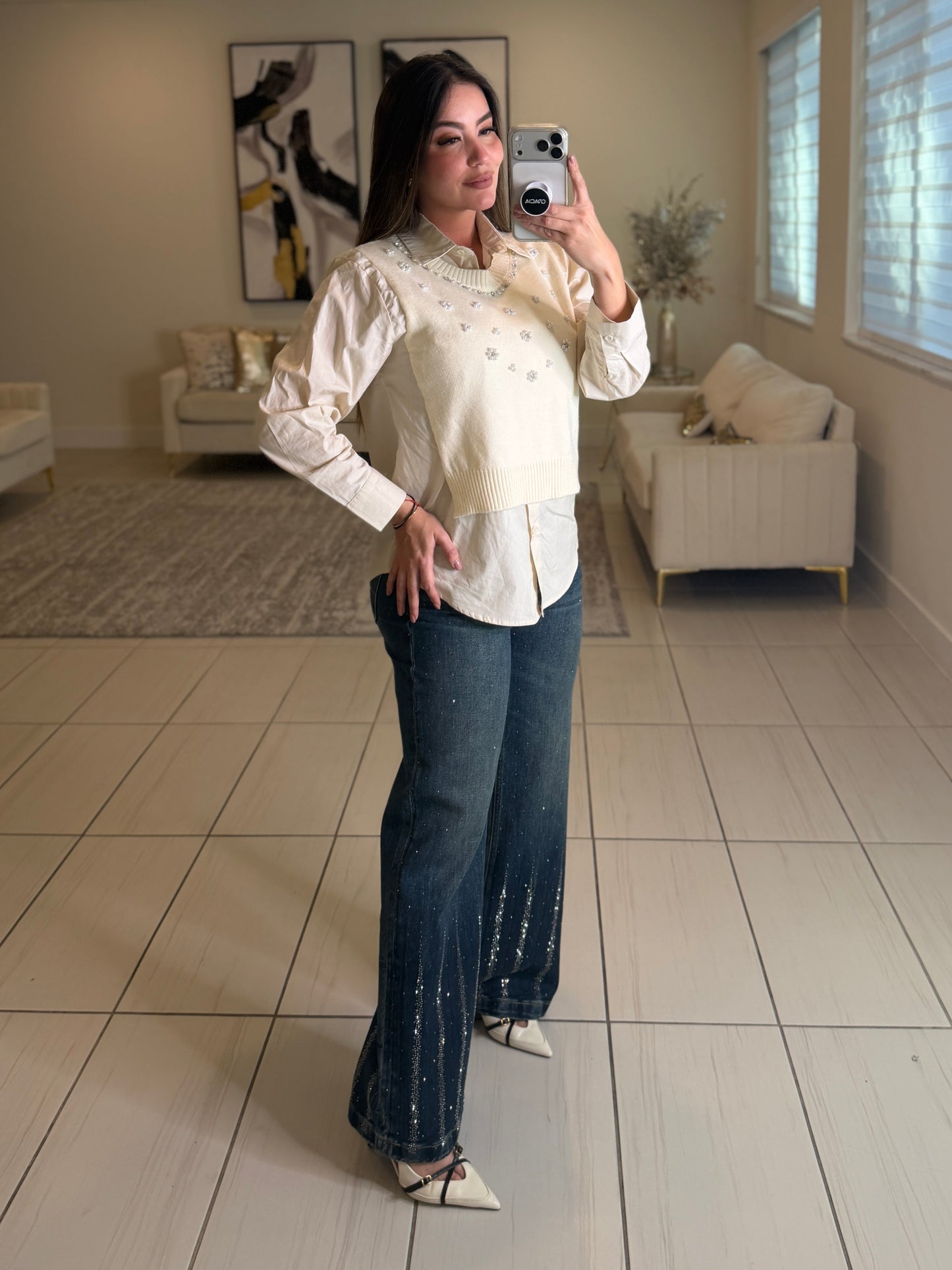 Parisian Pearls Beige Long-Sleeved Top