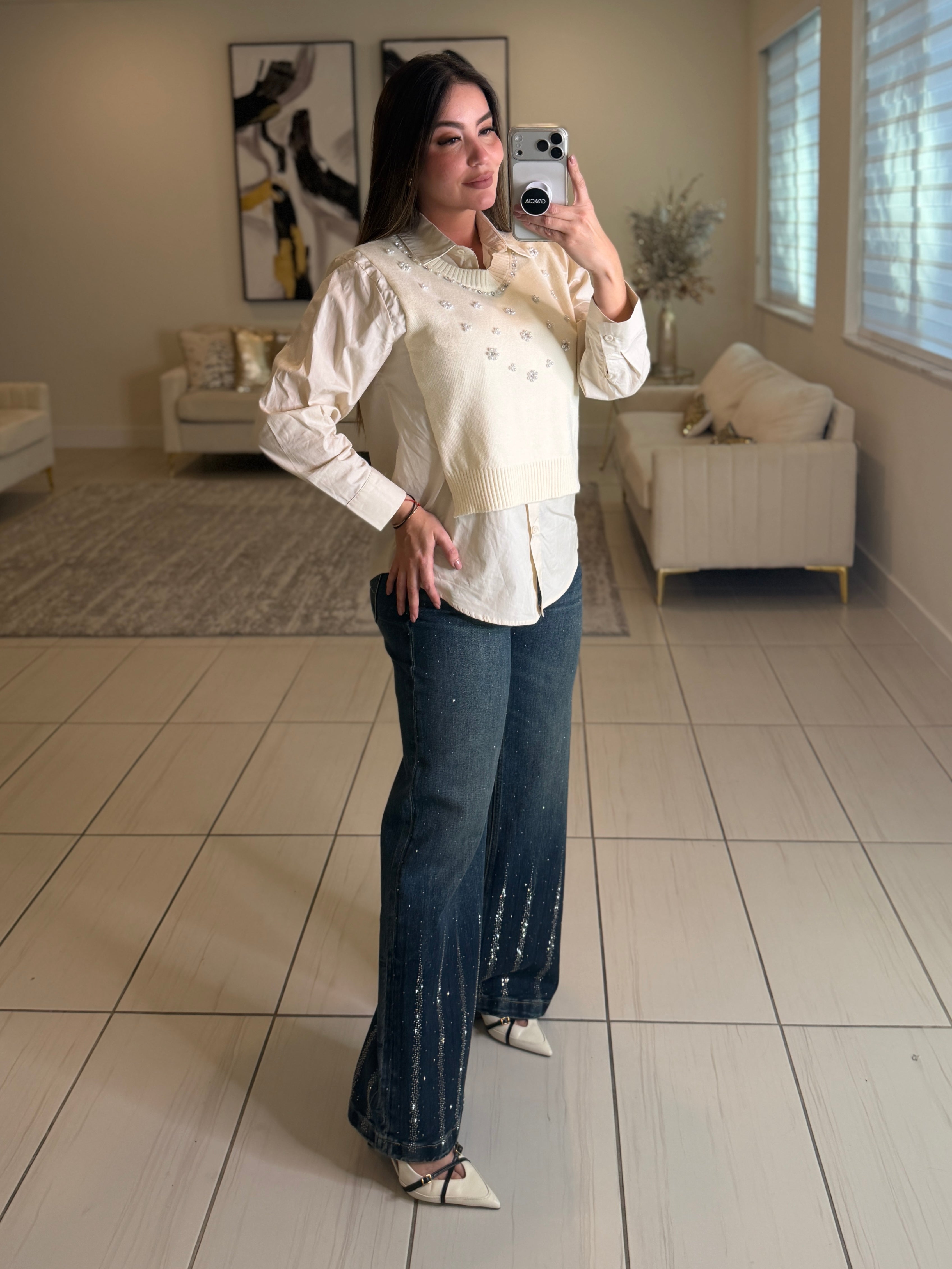Parisian Pearls Beige Long-Sleeved Top