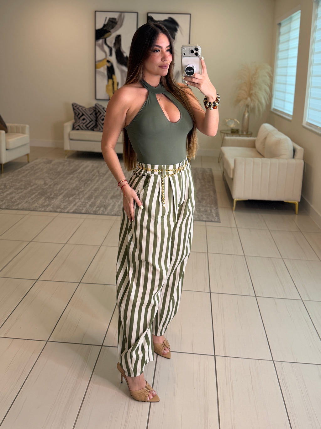 Italian Stripes Green Barrel Pants