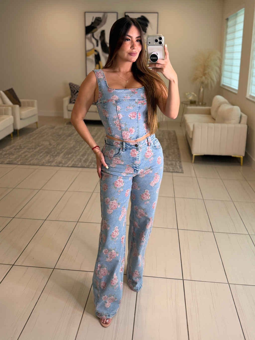 Pink Blossom Denim Pant Set