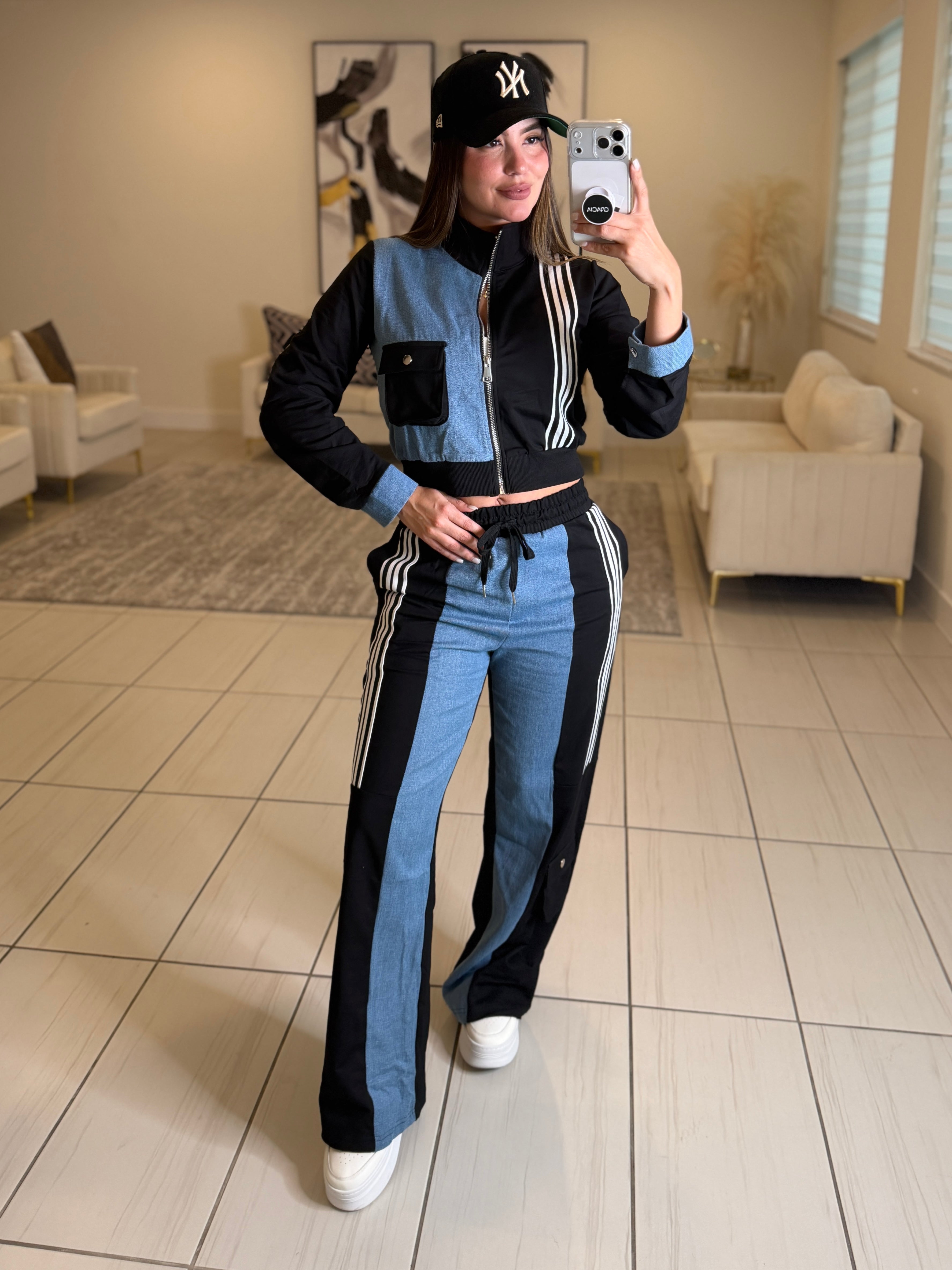 Divine Black and Denim Contrast Pant Set