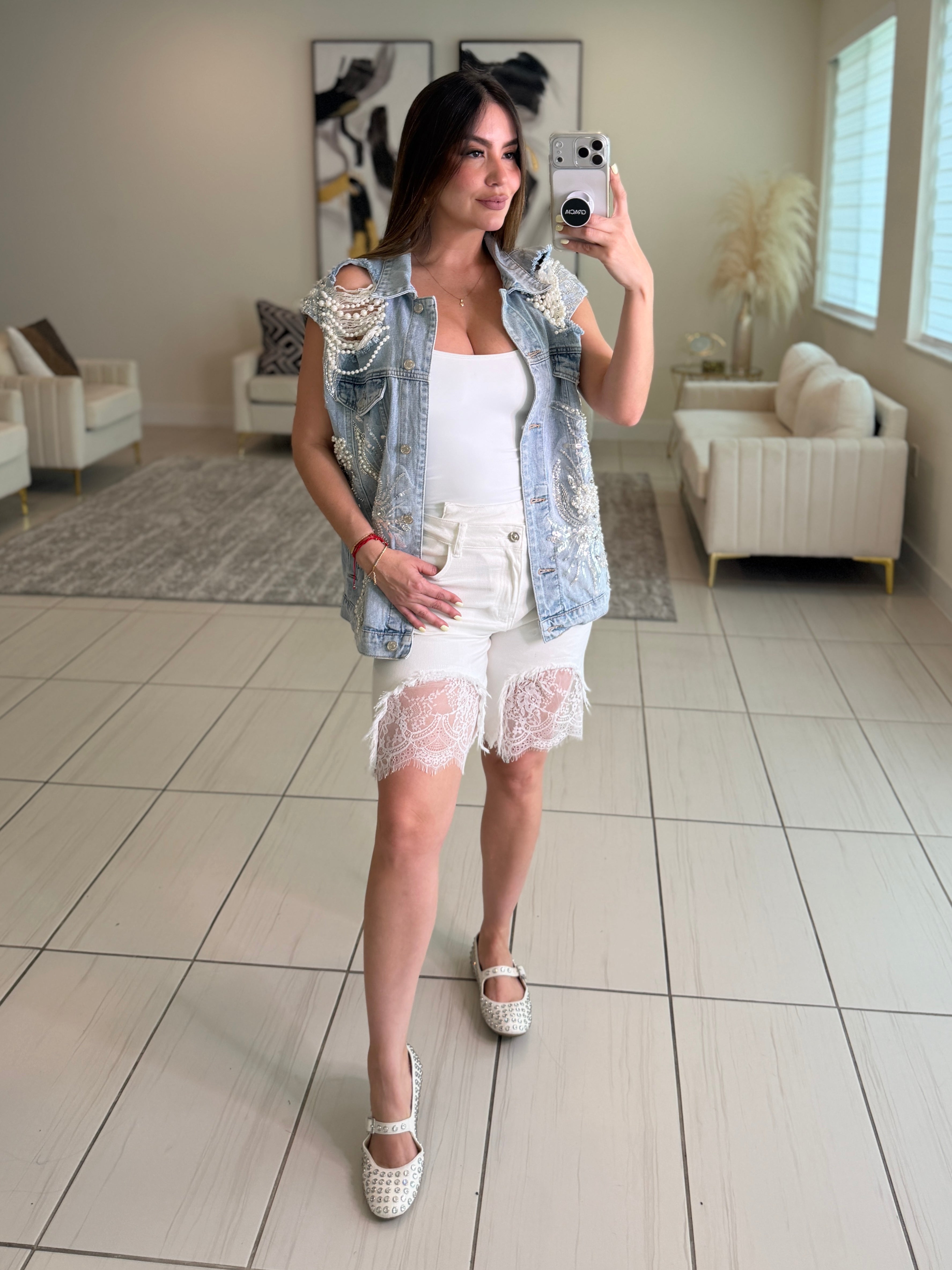 Spring Lace White Denim Shorts