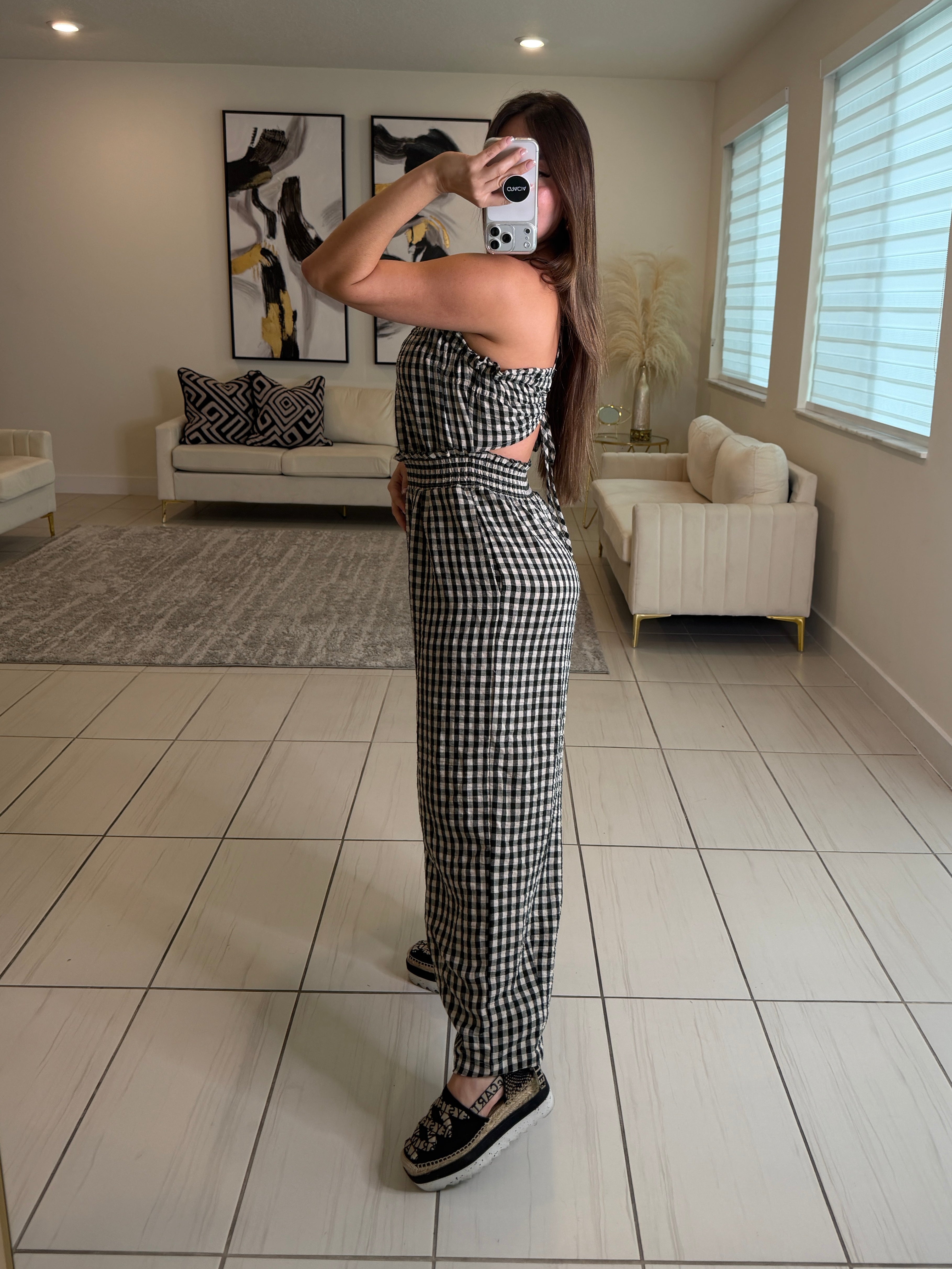 Graceful Plaid Black Barrel Jumpsuit