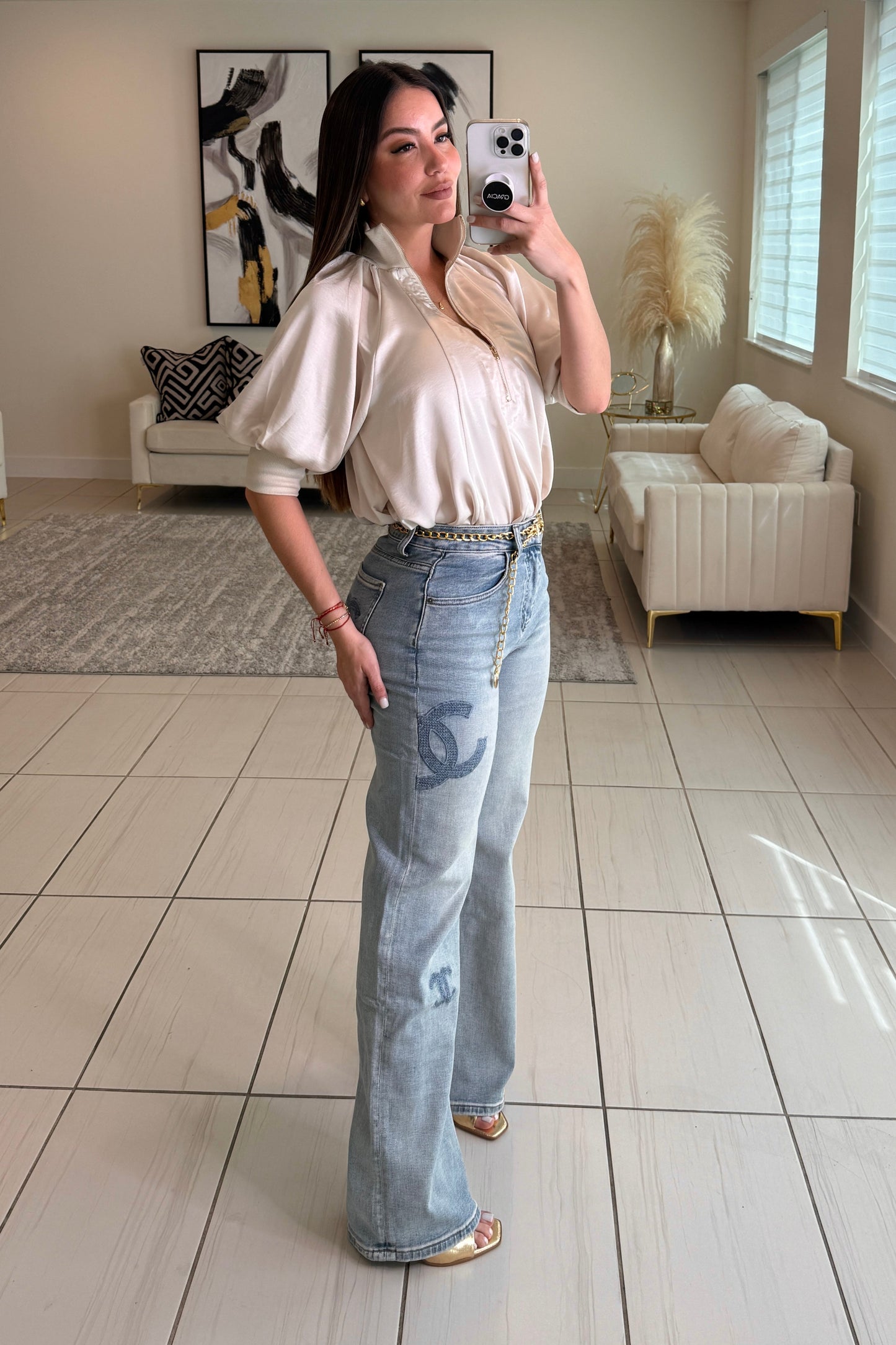 Mock Nek Band Puff Beige Top