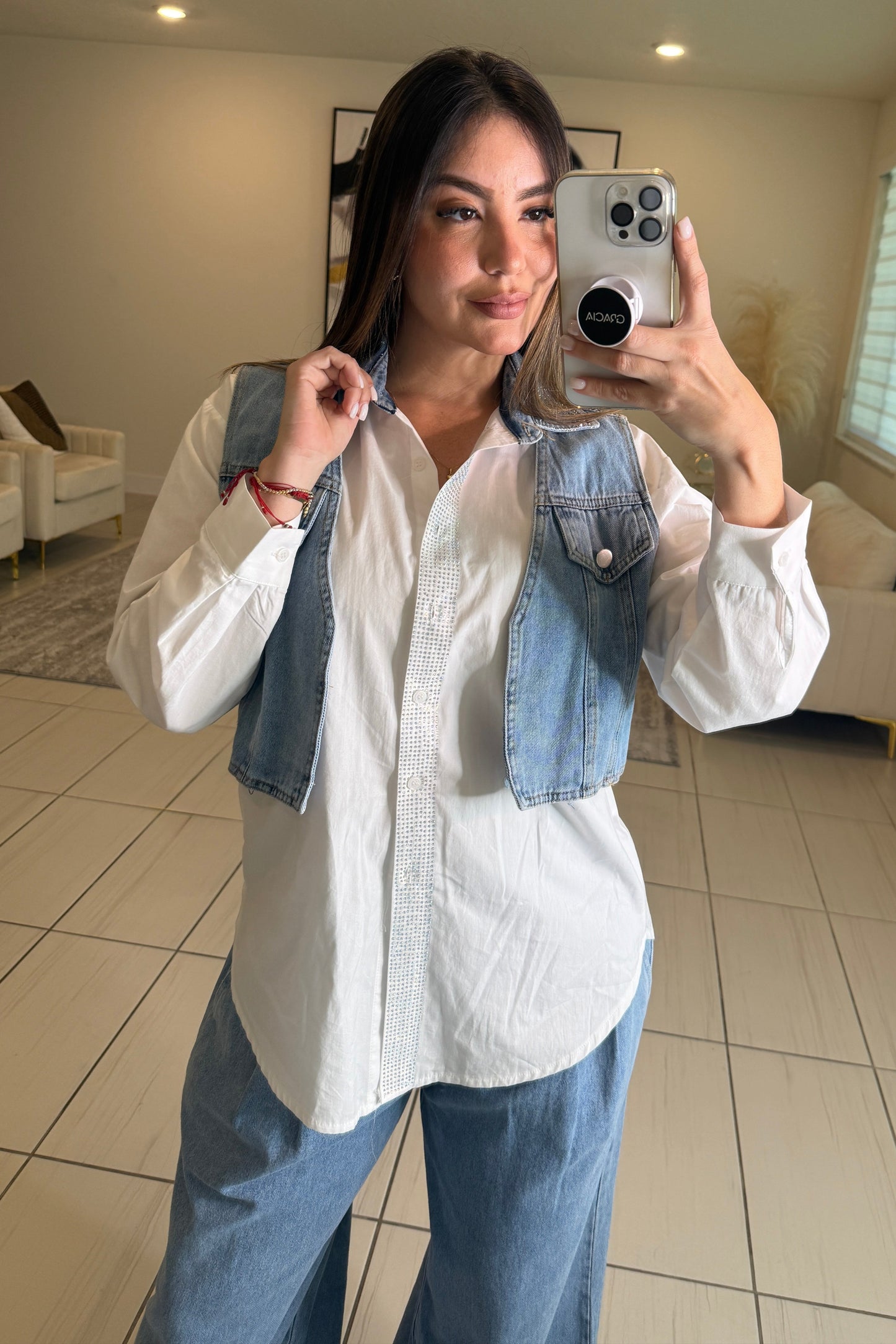 Sparkle Contrast White and Denim Shirt