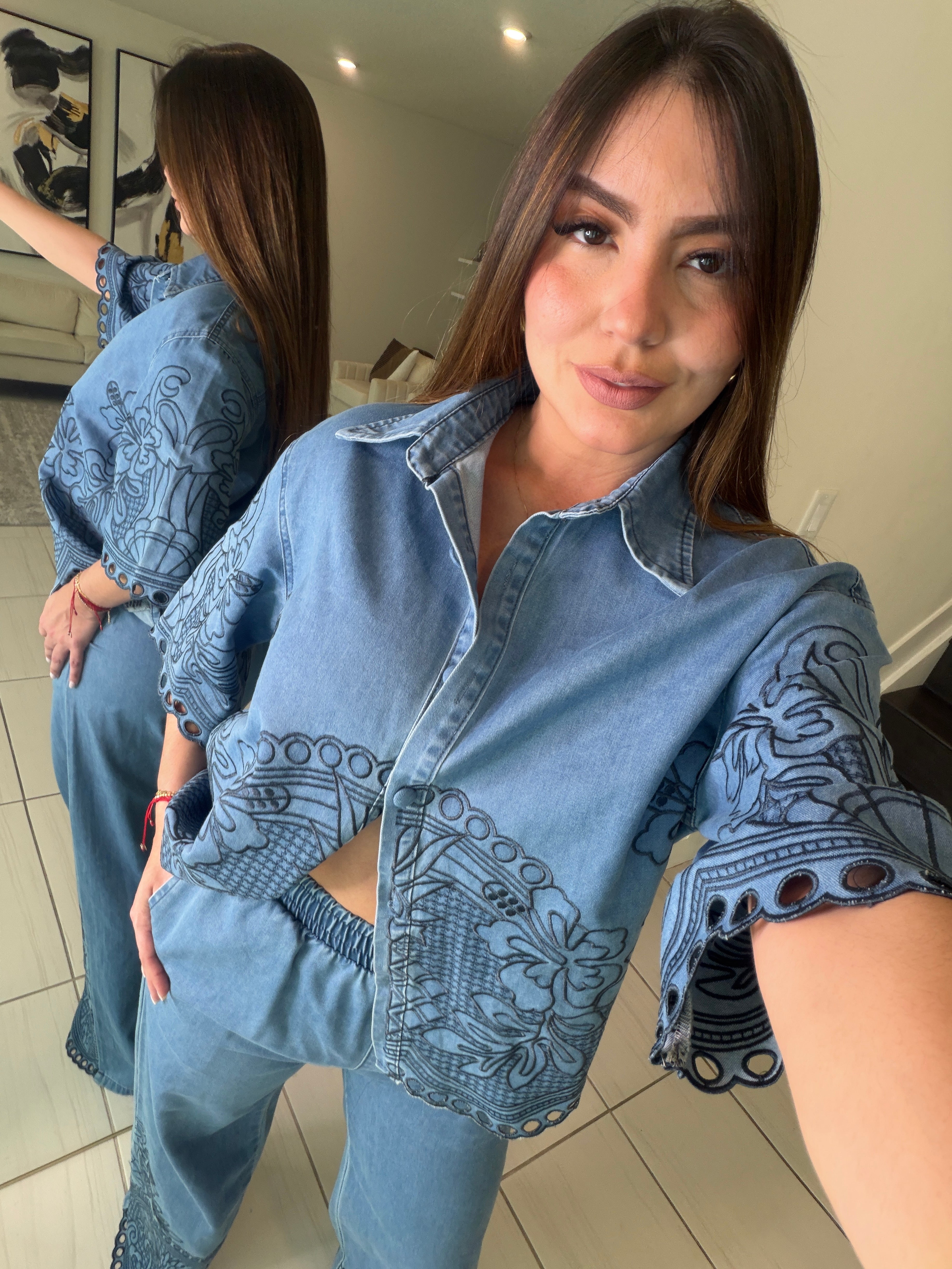 Paradise Embroidered Denim Pant Set