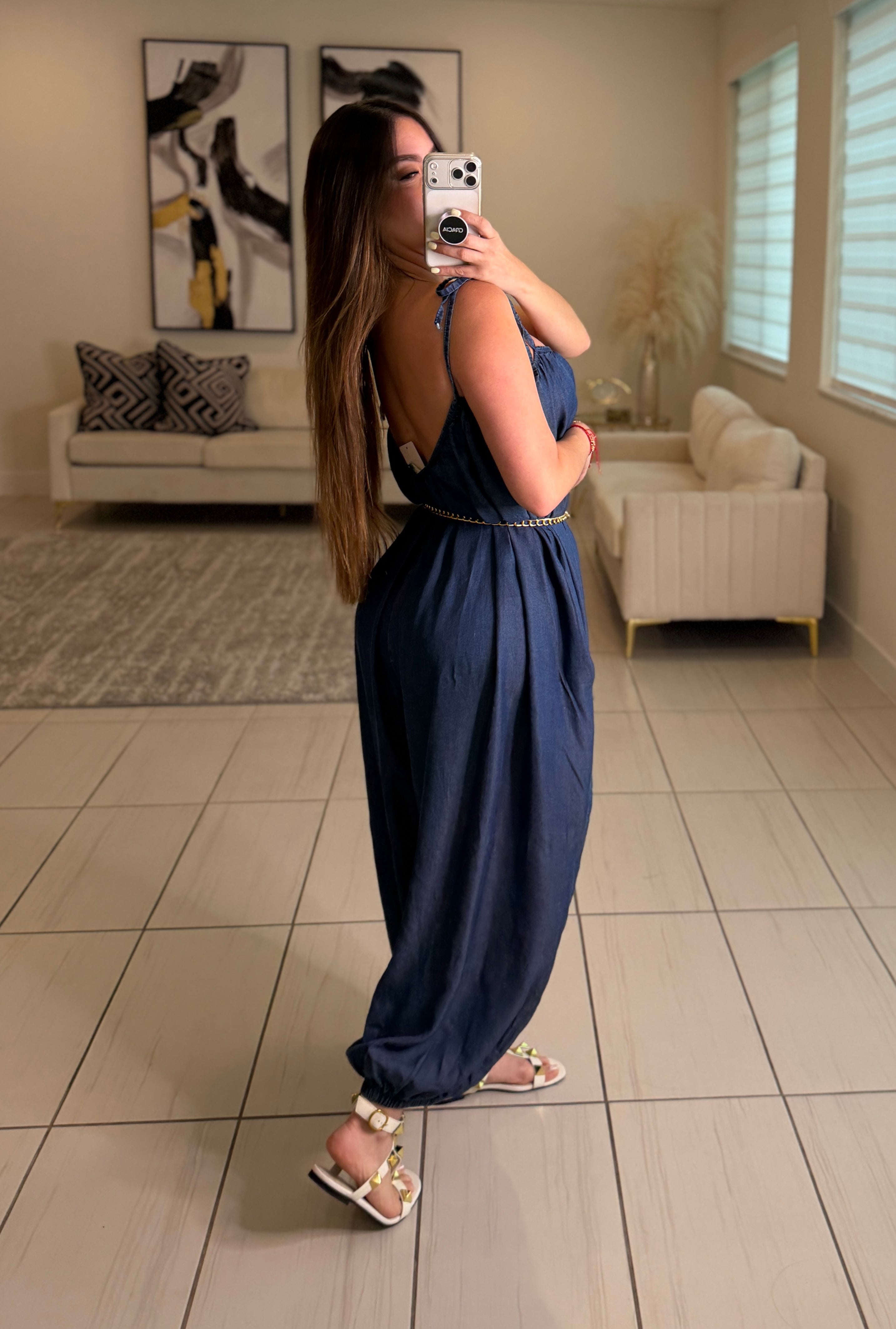 Effortless Essence Ruched Dark Denim Jumpsuit