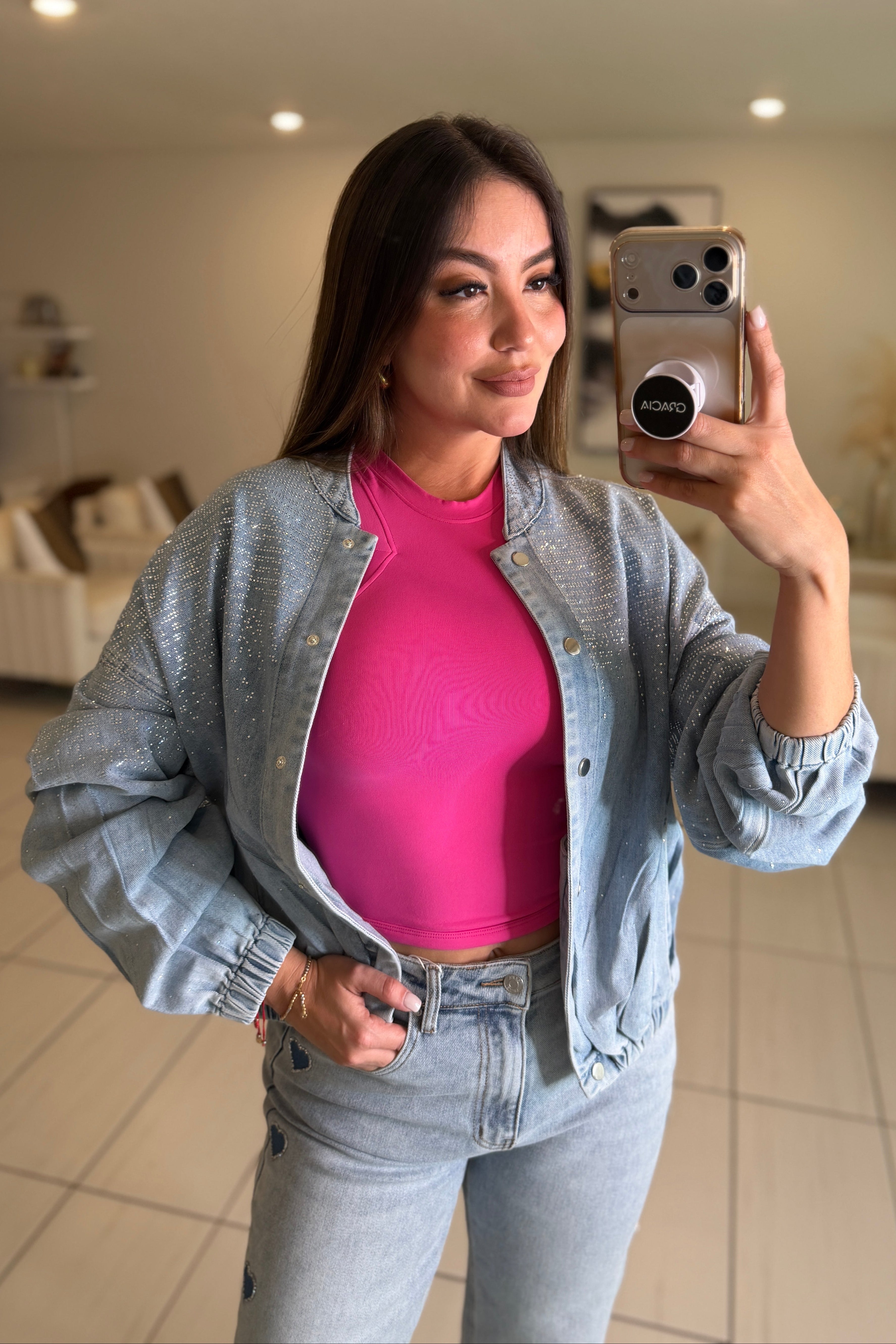 Cozy Rhinestones Denim Bomber Jacket