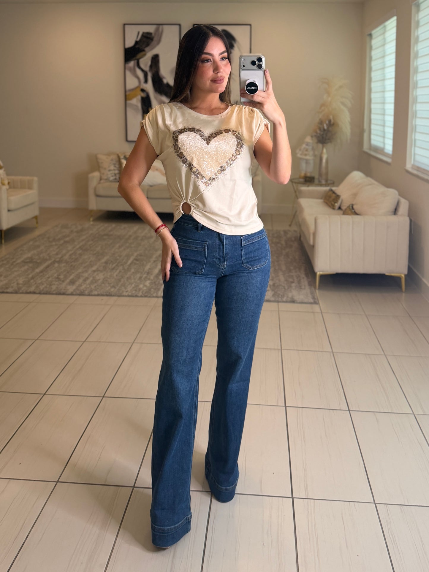 Leopard Heart Stones Beige Top