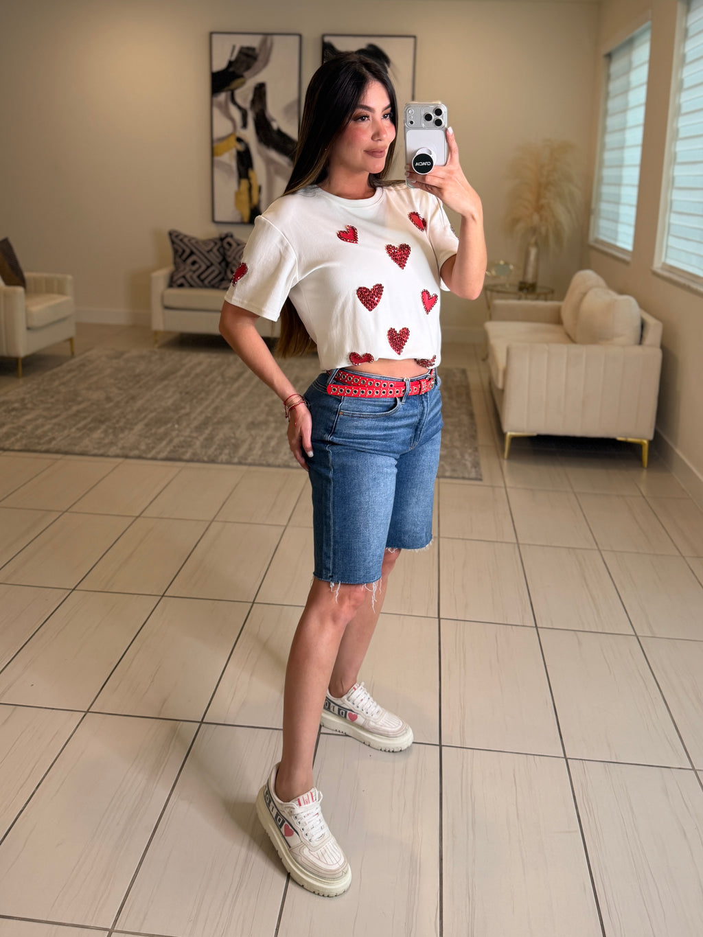 Rhinestones Hearts White Tshirt