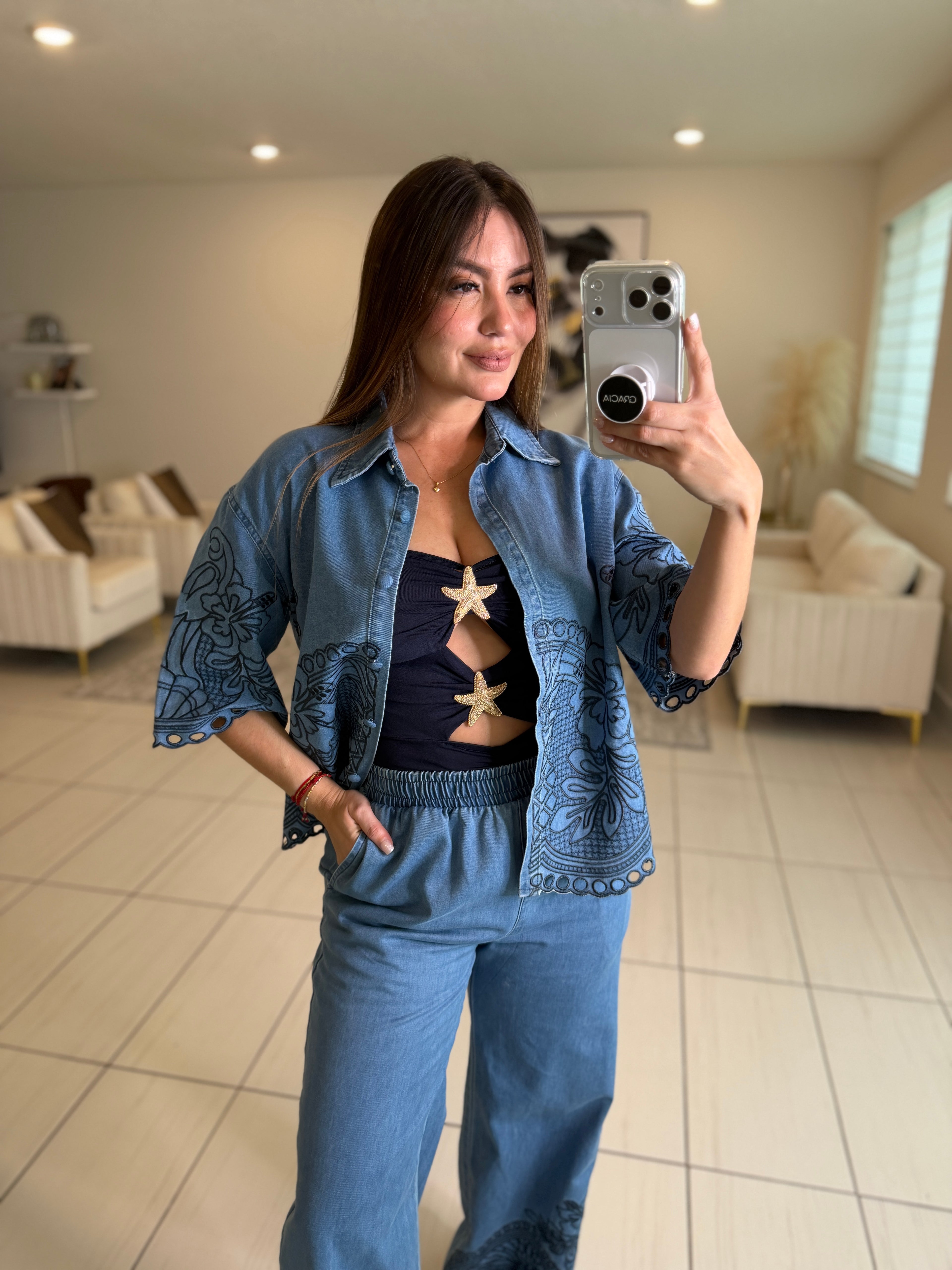 Paradise Embroidered Denim Pant Set