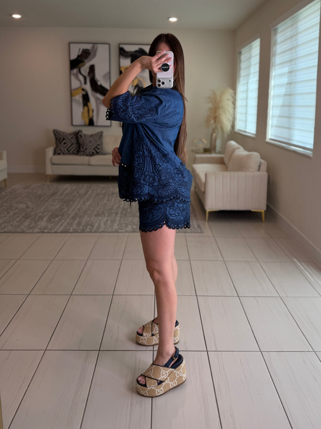 Paradise Embroidered Denim Short Set