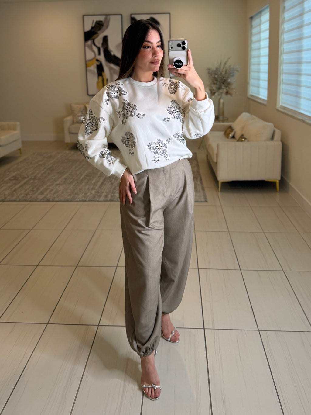 Blossom Rhinestones White Sweater
