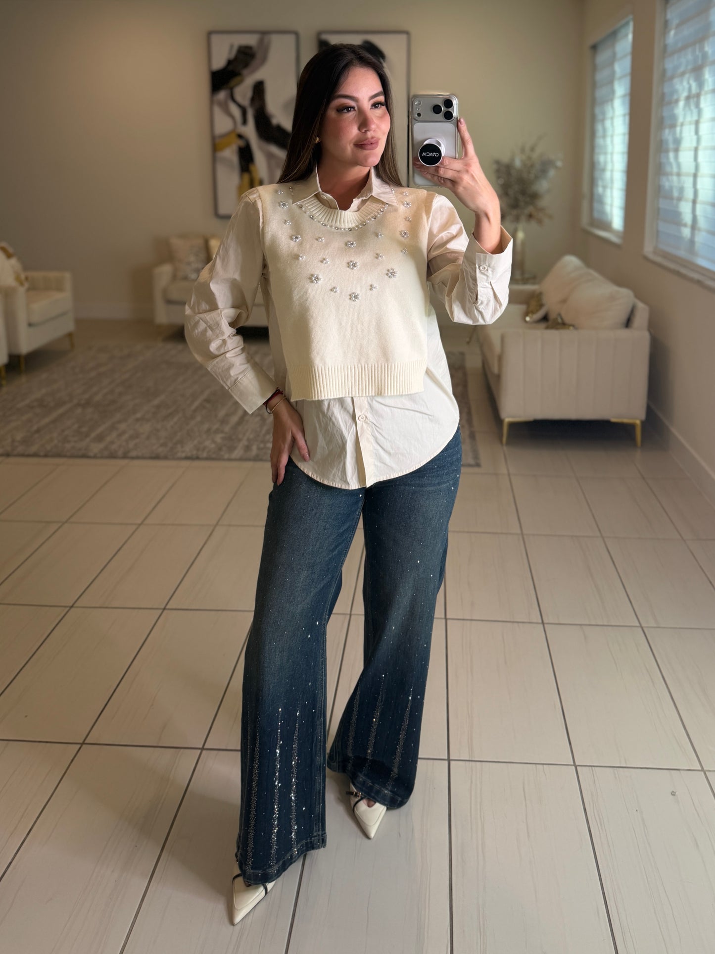 Parisian Pearls Beige Long-Sleeved Top