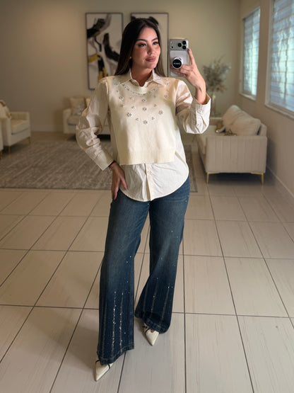 Parisian Pearls Beige Long-Sleeved Top