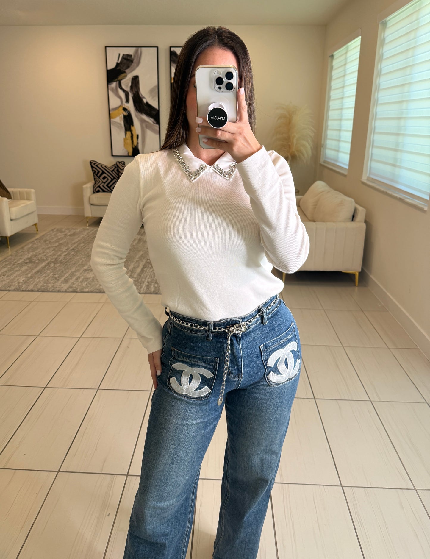 League Charm White Sweater Top